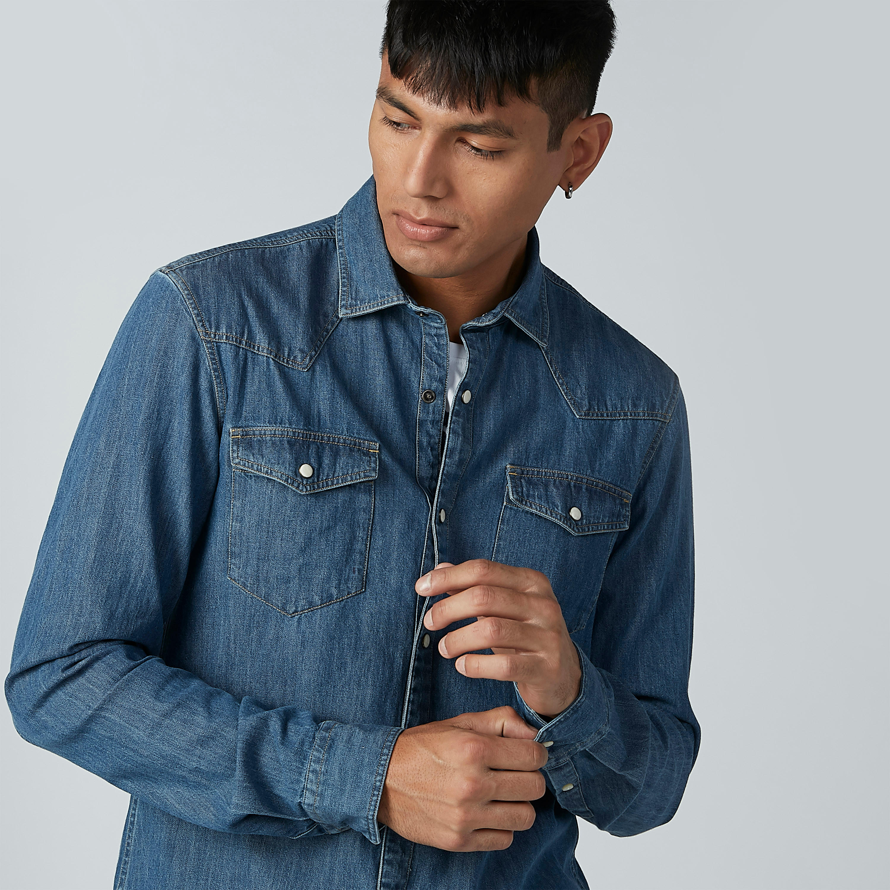 CR7 Denim Shirt with Long Sleeves and Pocket Detail-men-clothing-shirts-image-1