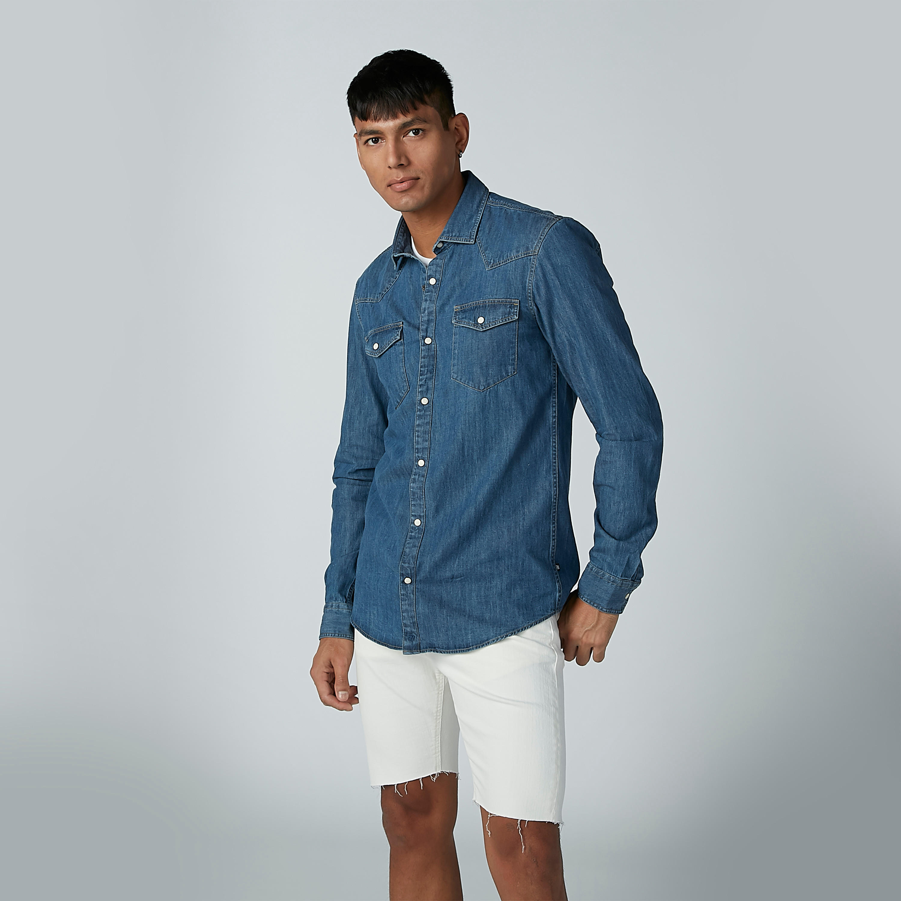CR7 Denim Shirt with Long Sleeves and Pocket Detail-men-clothing-shirts-image-2