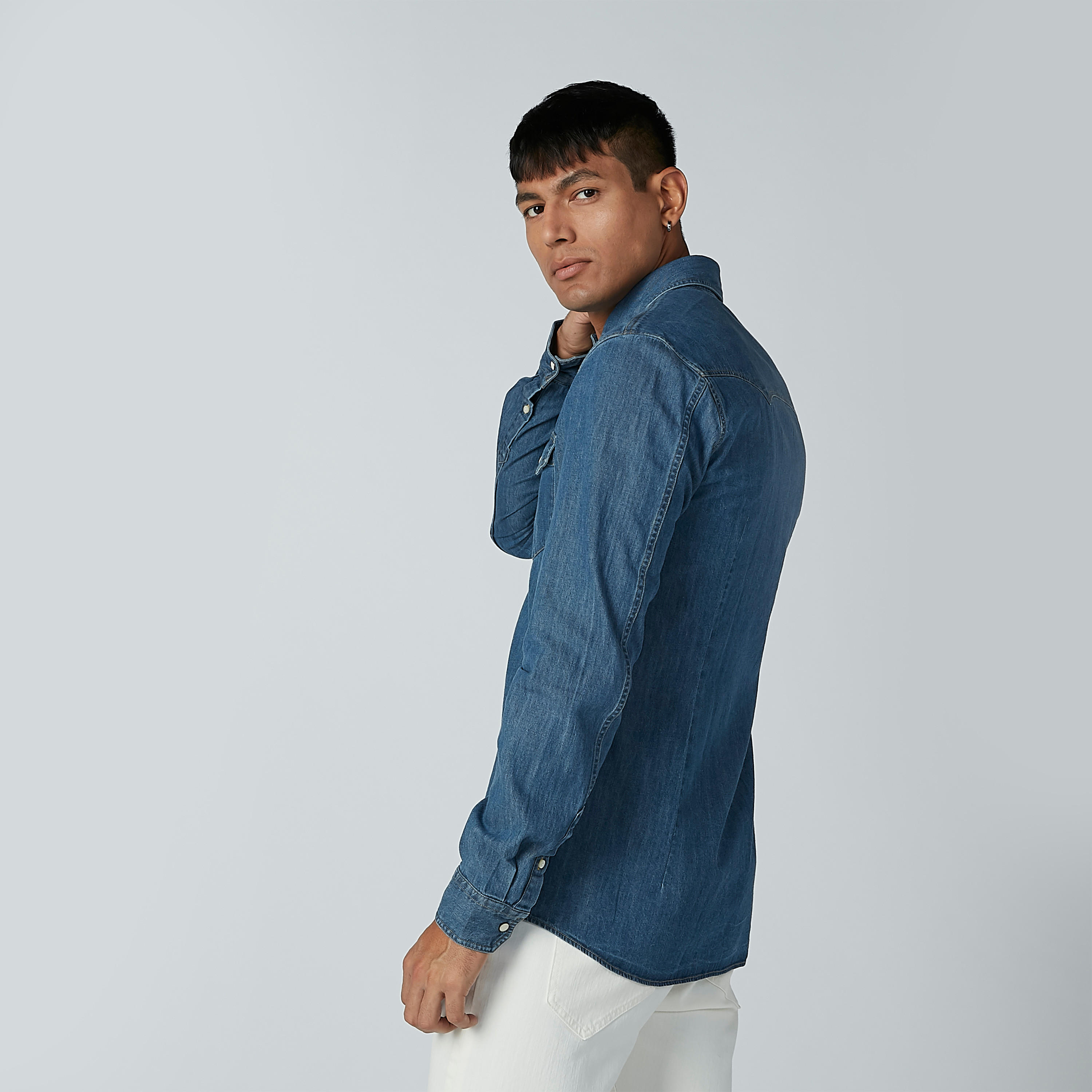 CR7 Denim Shirt with Long Sleeves and Pocket Detail-men-clothing-shirts-image-3