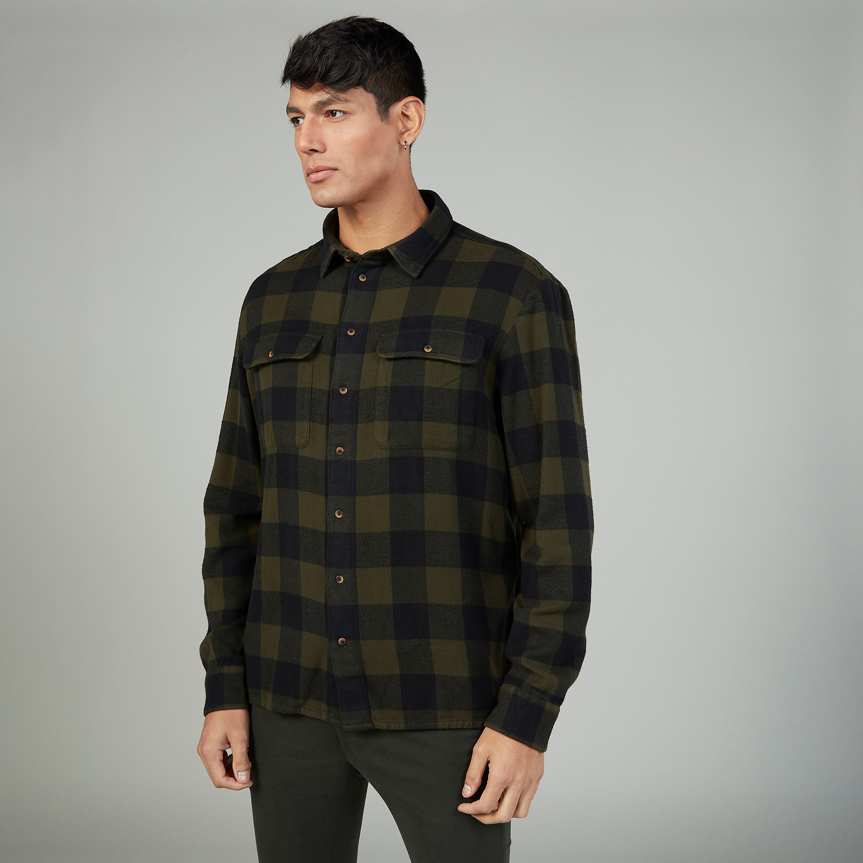 Checked Shirt with Buttoned Flap Pockets and Long Sleeves-men-clothing-shirts-image-1