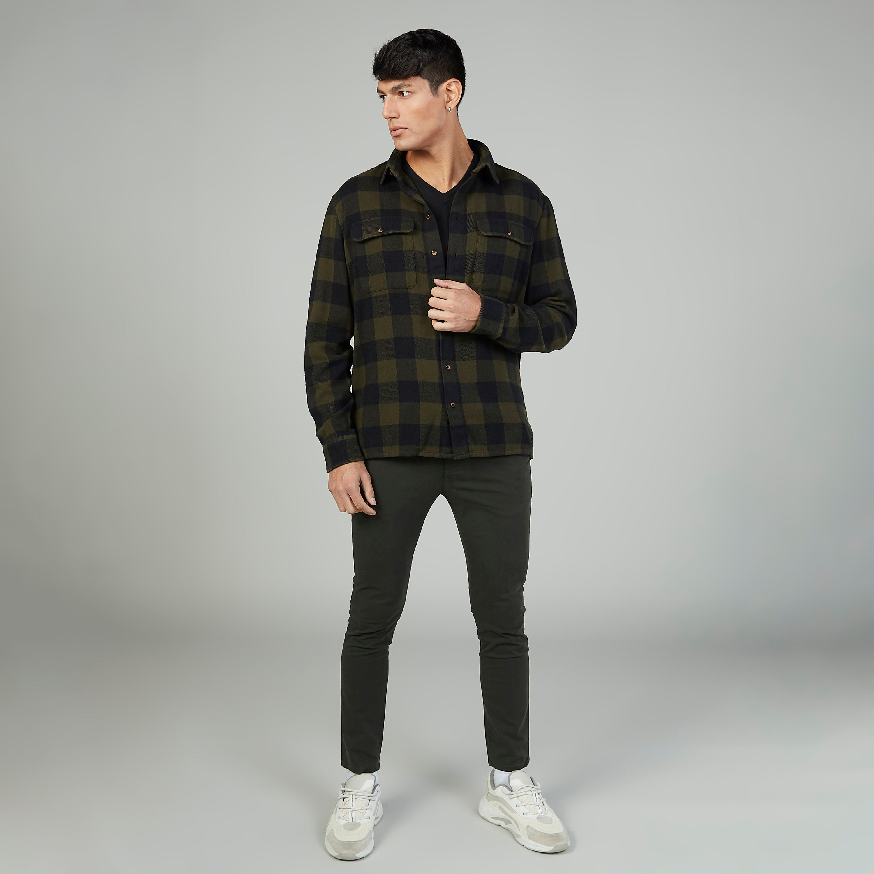 Checked Shirt with Buttoned Flap Pockets and Long Sleeves-men-clothing-shirts-image-2