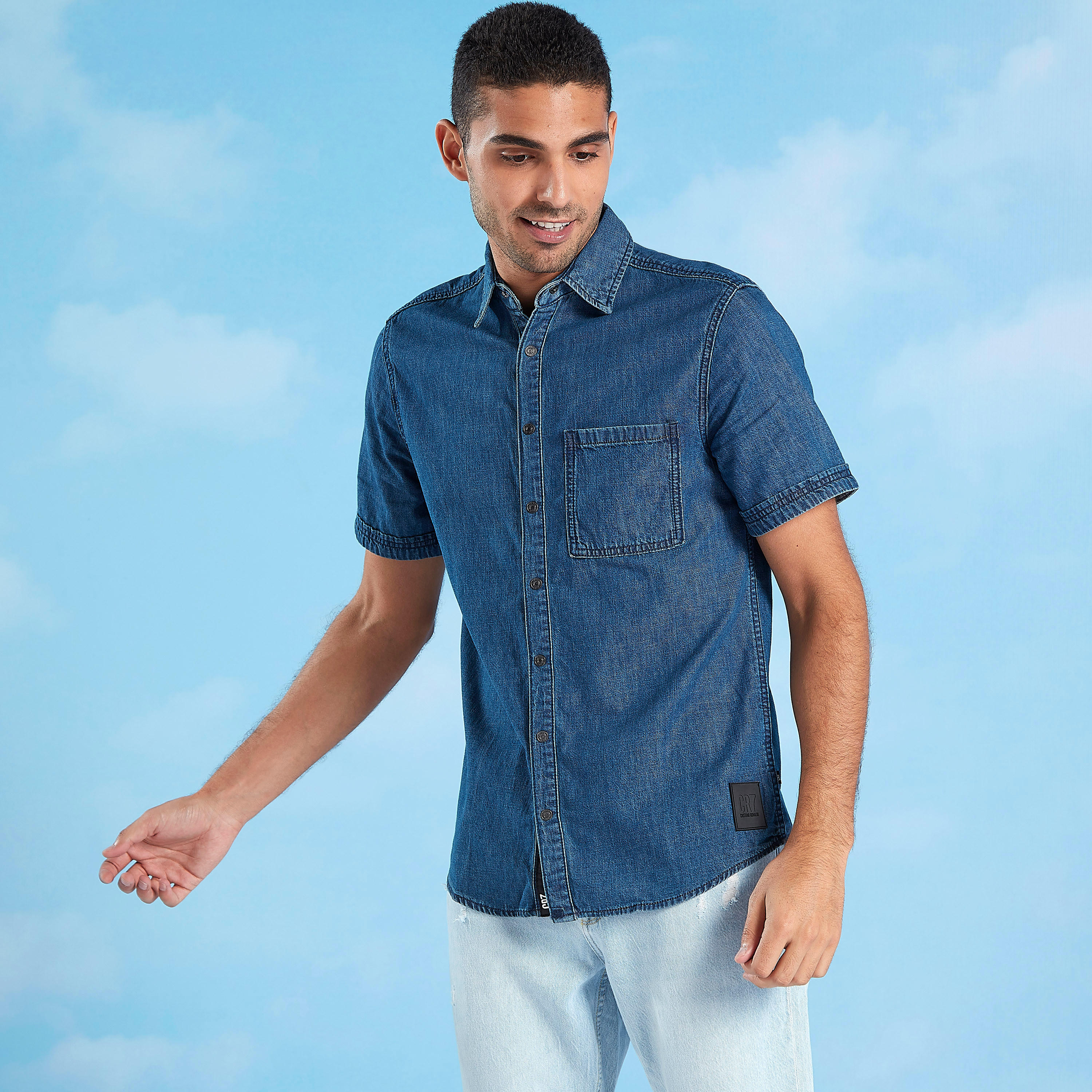 Slim Fit Collared Denim Shirt with Short Sleeves-men-clothing-shirts-image-1