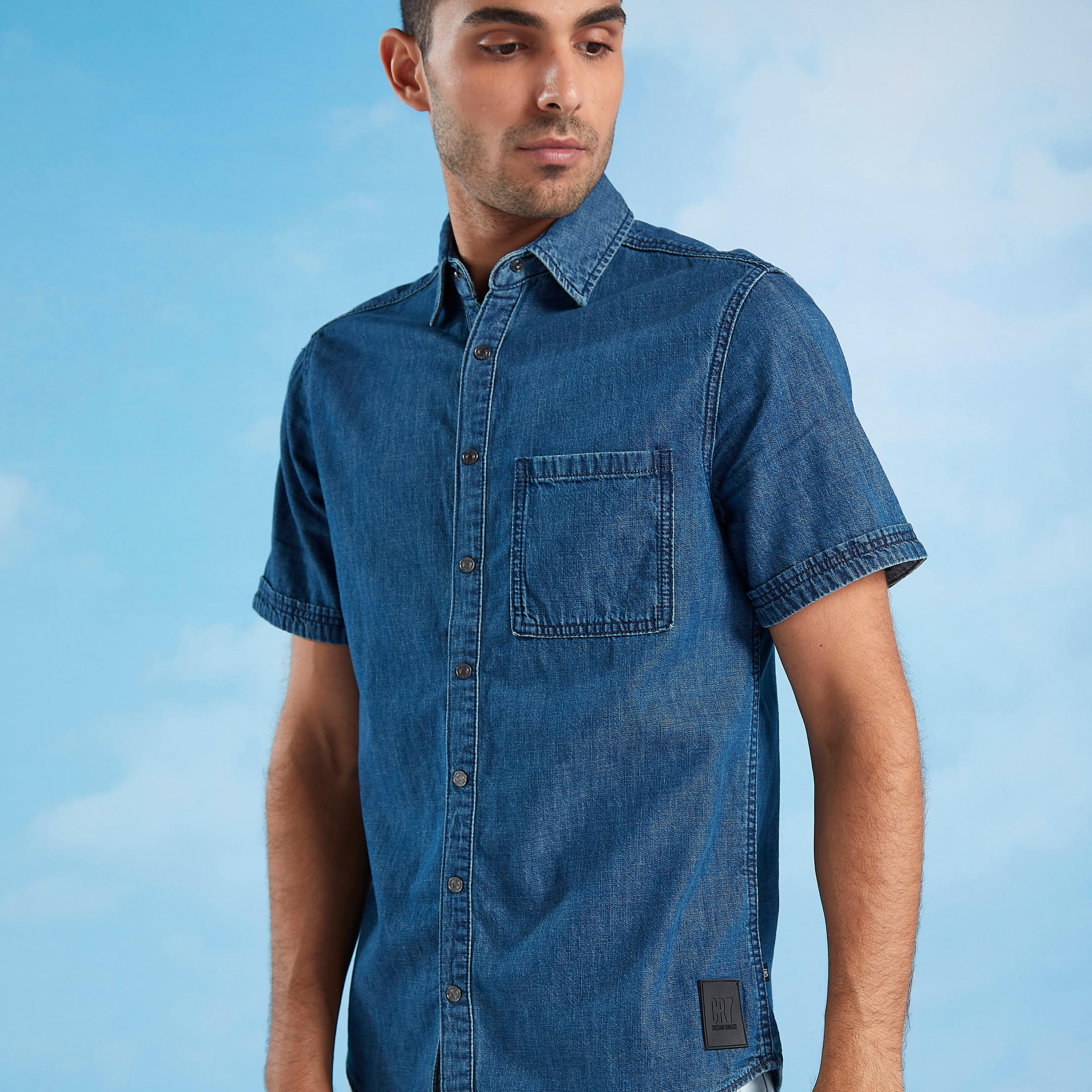 Slim Fit Collared Denim Shirt with Short Sleeves-men-clothing-shirts-image-3