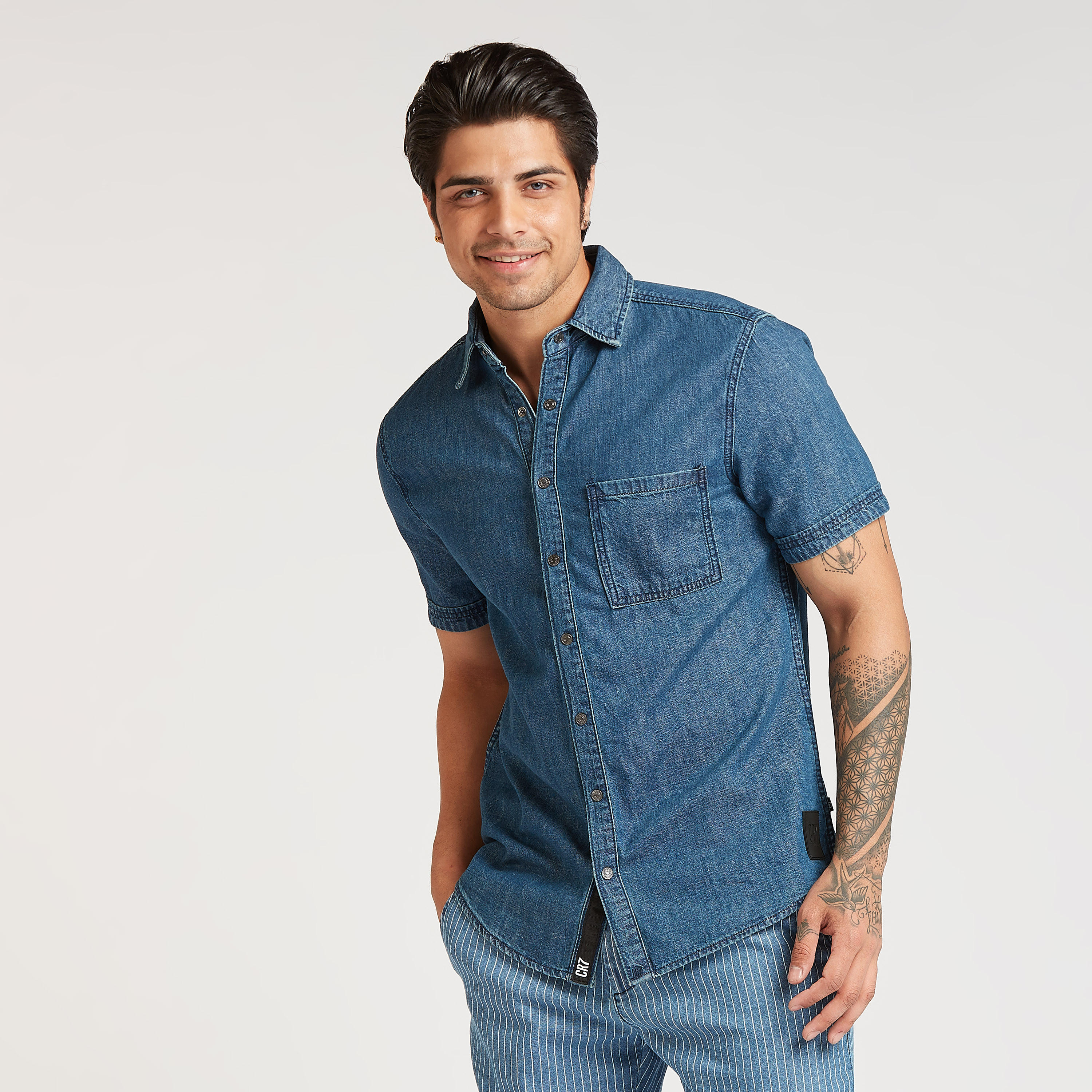 Solid Denim Collared Shirt with Short Sleeves and Patch Pocket-men-clothing-shirts-image-1