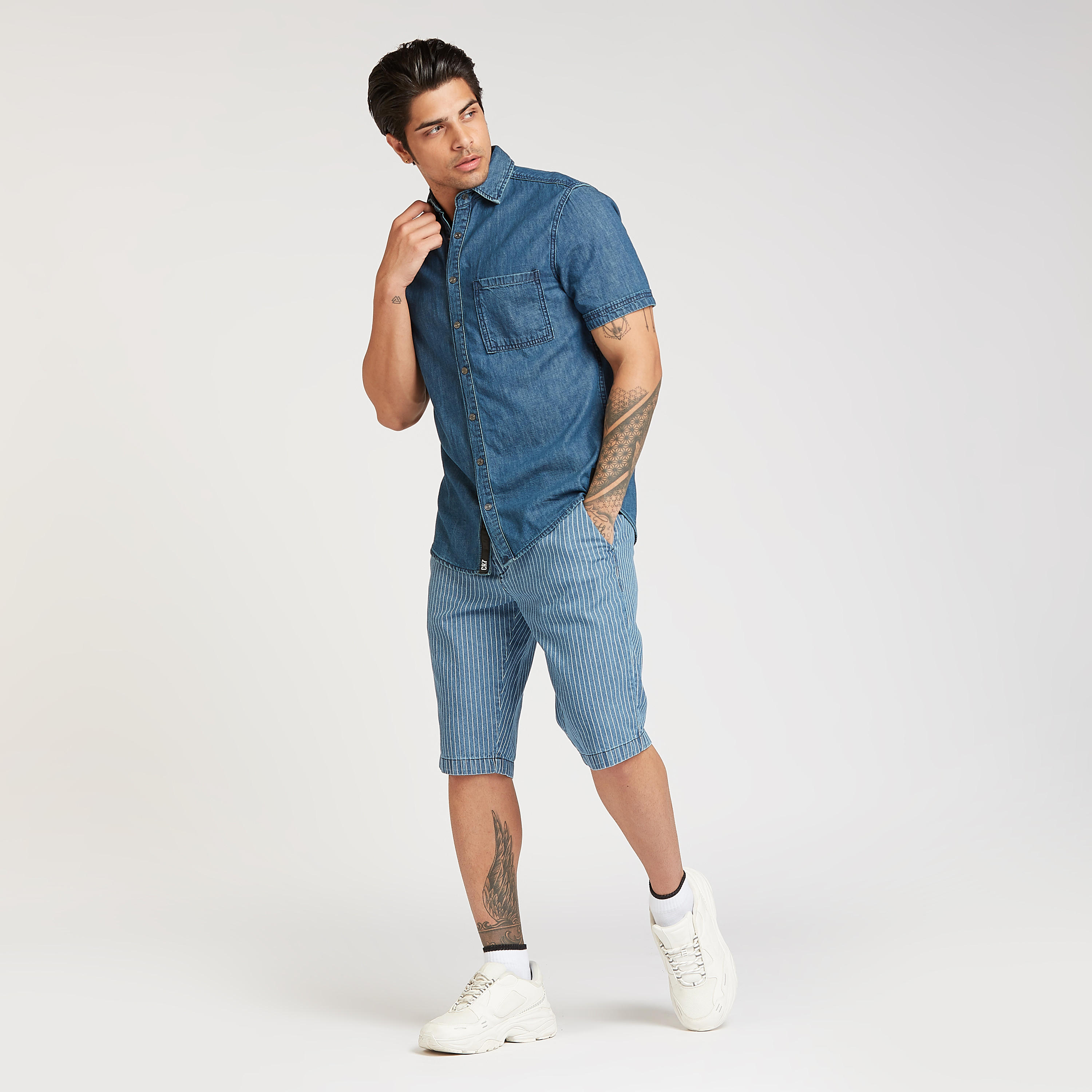 Solid Denim Collared Shirt with Short Sleeves and Patch Pocket-men-clothing-shirts-image-2
