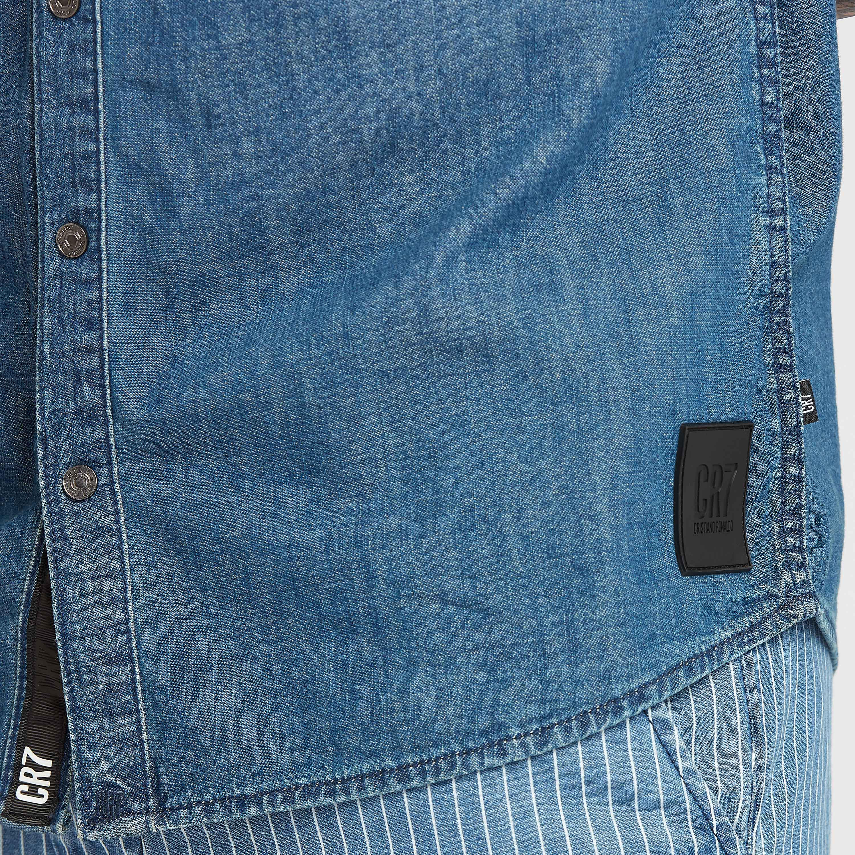 Solid Denim Collared Shirt with Short Sleeves and Patch Pocket-men-clothing-shirts-image-3