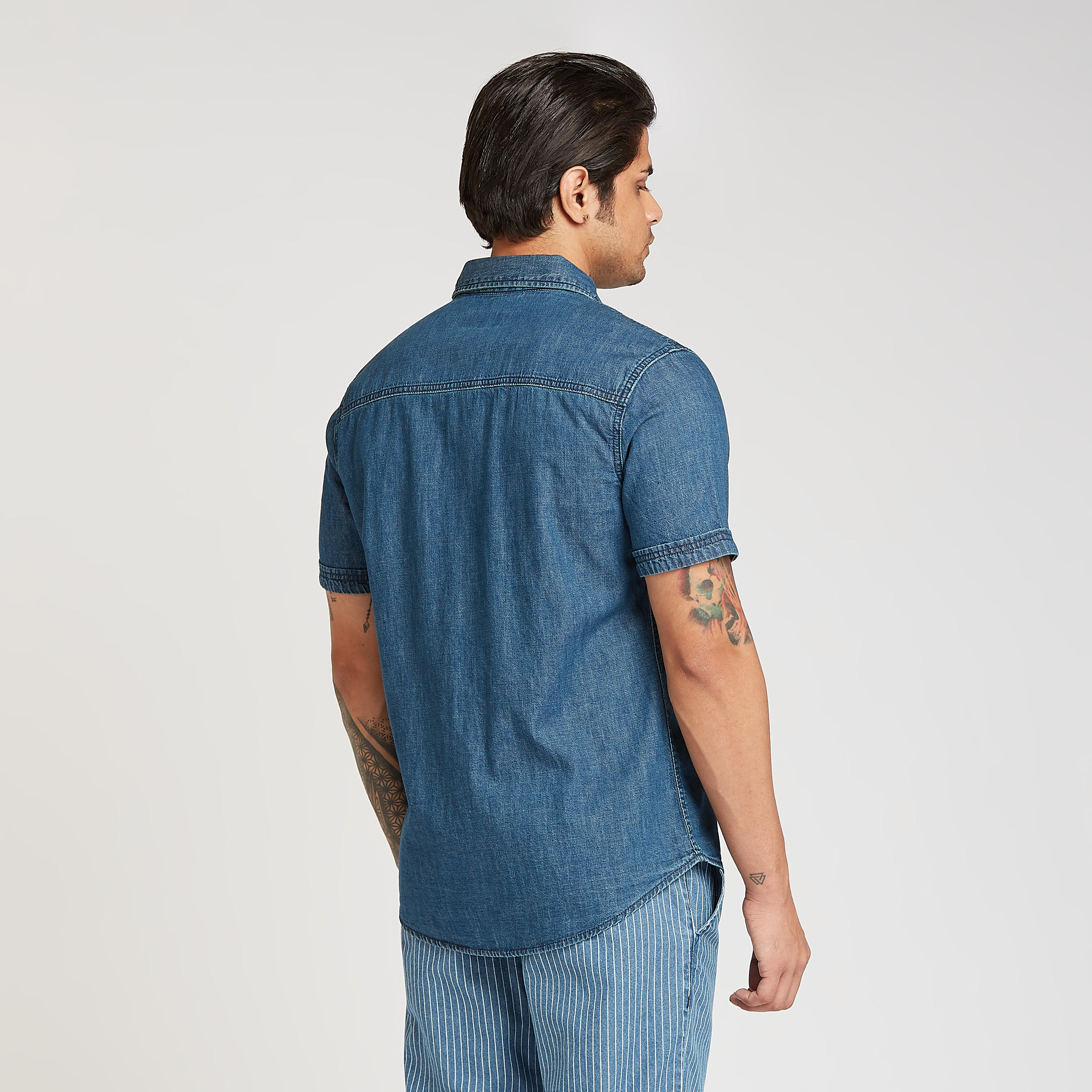 Solid Denim Collared Shirt with Short Sleeves and Patch Pocket-men-clothing-shirts-image-4