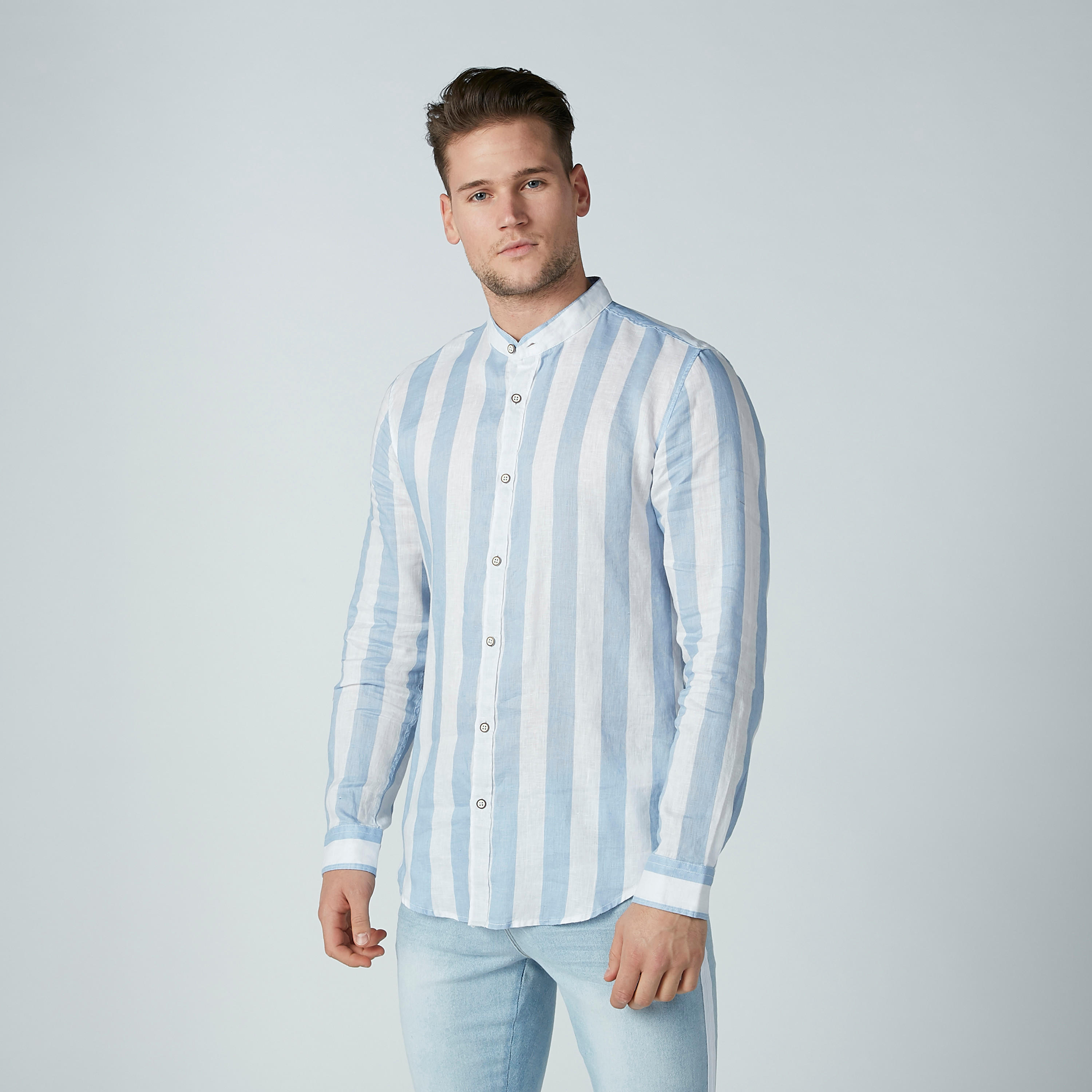 قميص مقلّم بياقة ماندارين وأكمام طويلة-men-clothing-shirts-image-2