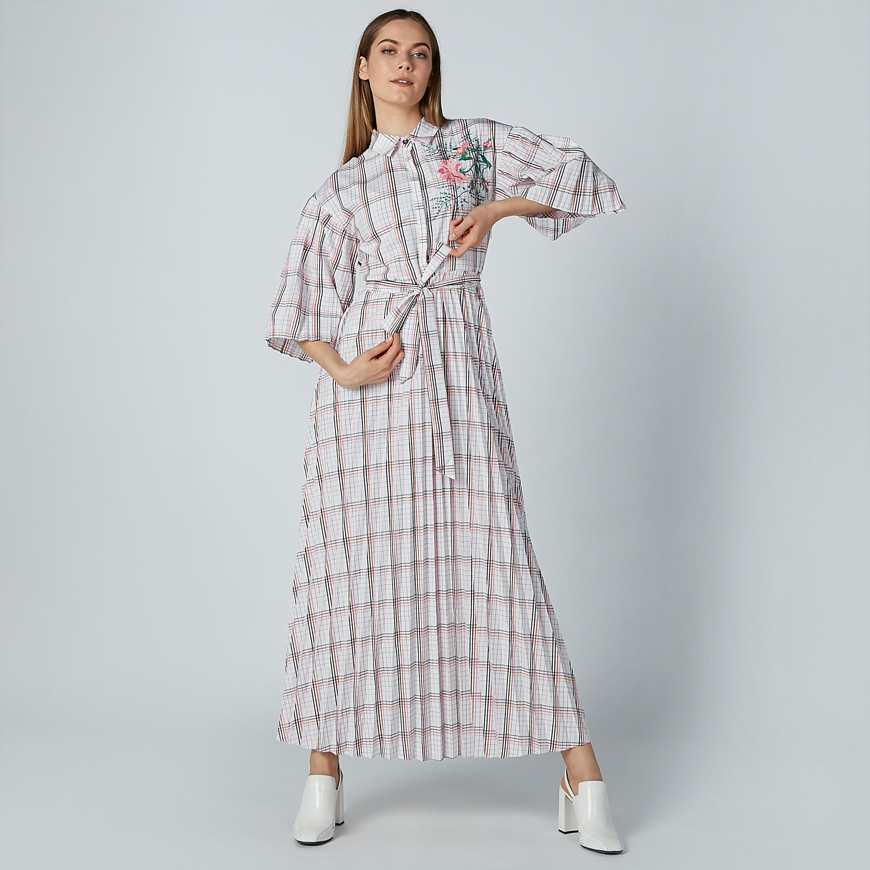 Iconic Chequered Maxi Dress with Flared Sleeves and Tie Up Detail-women-clothing-dresses-image-1