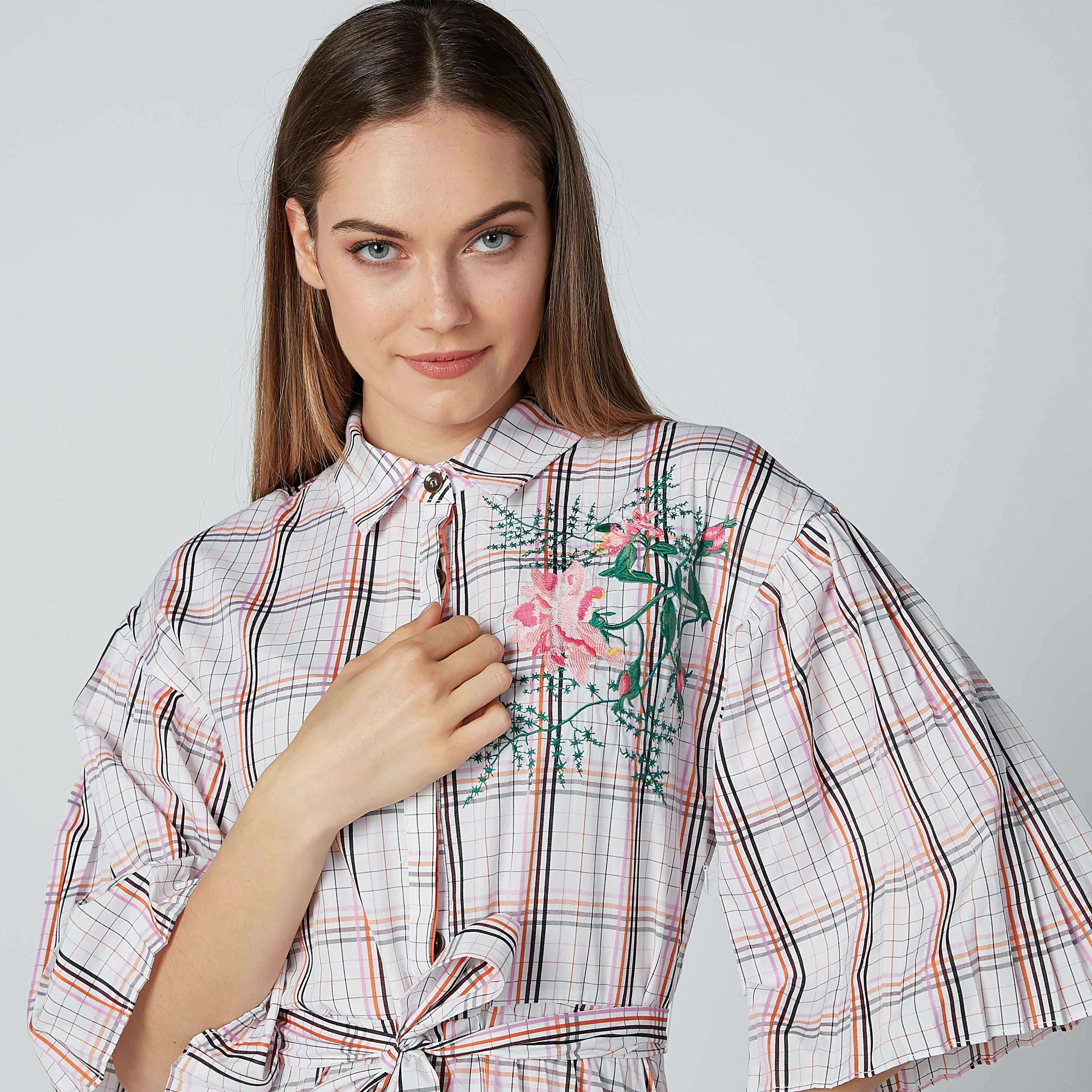 Iconic Chequered Maxi Dress with Flared Sleeves and Tie Up Detail-women-clothing-dresses-image-2