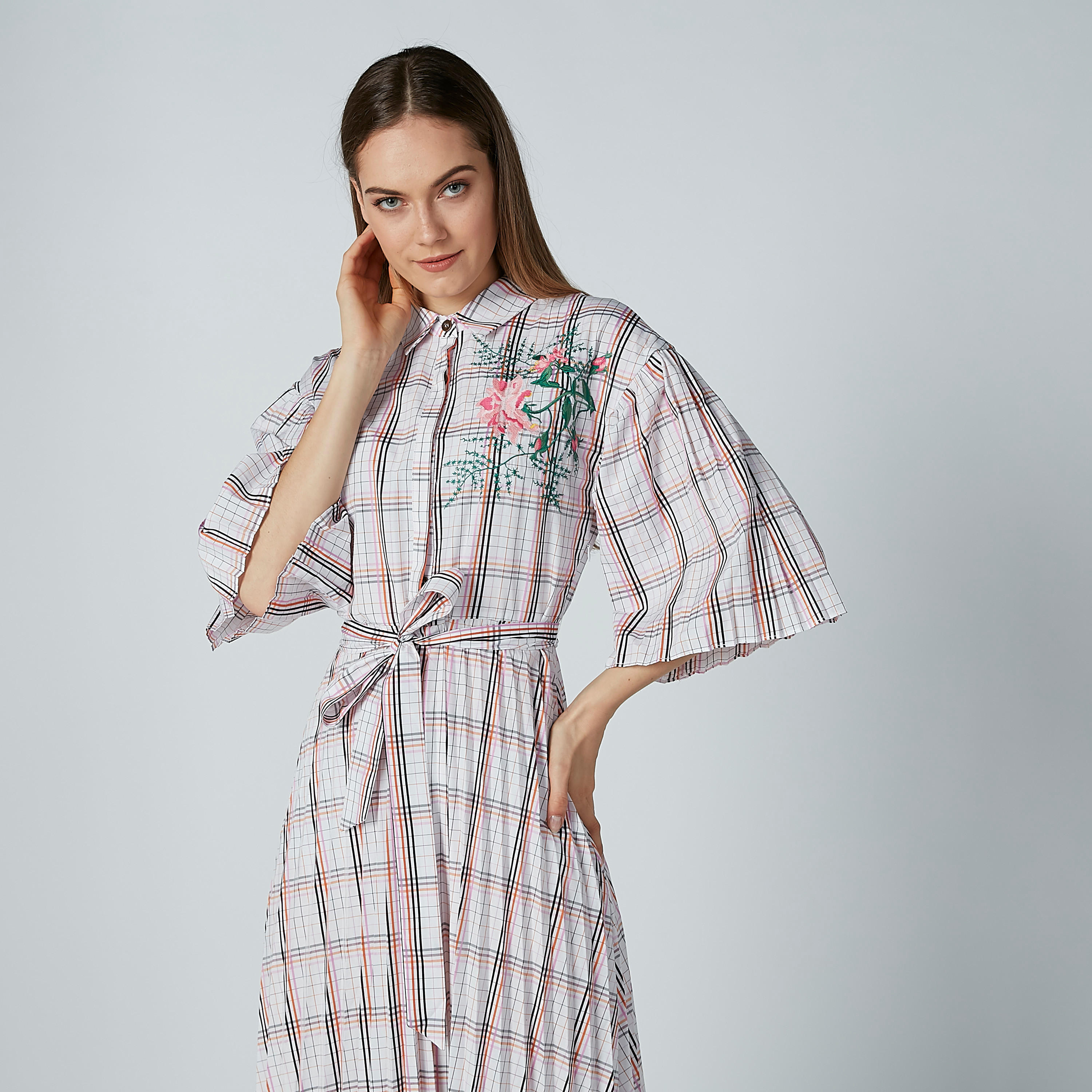 Iconic Chequered Maxi Dress with Flared Sleeves and Tie Up Detail-women-clothing-dresses-image-3
