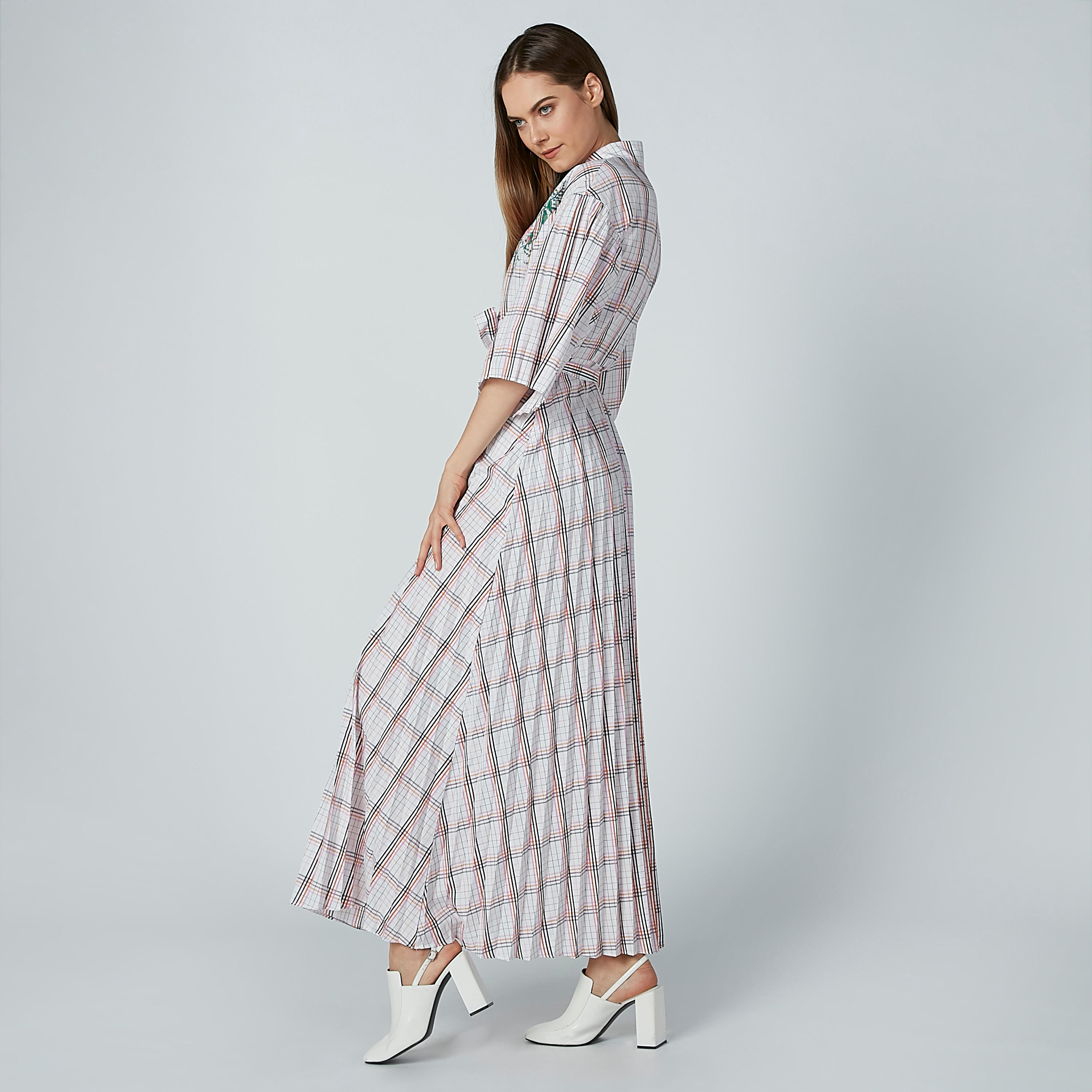 Iconic Chequered Maxi Dress with Flared Sleeves and Tie Up Detail-women-clothing-dresses-image-4