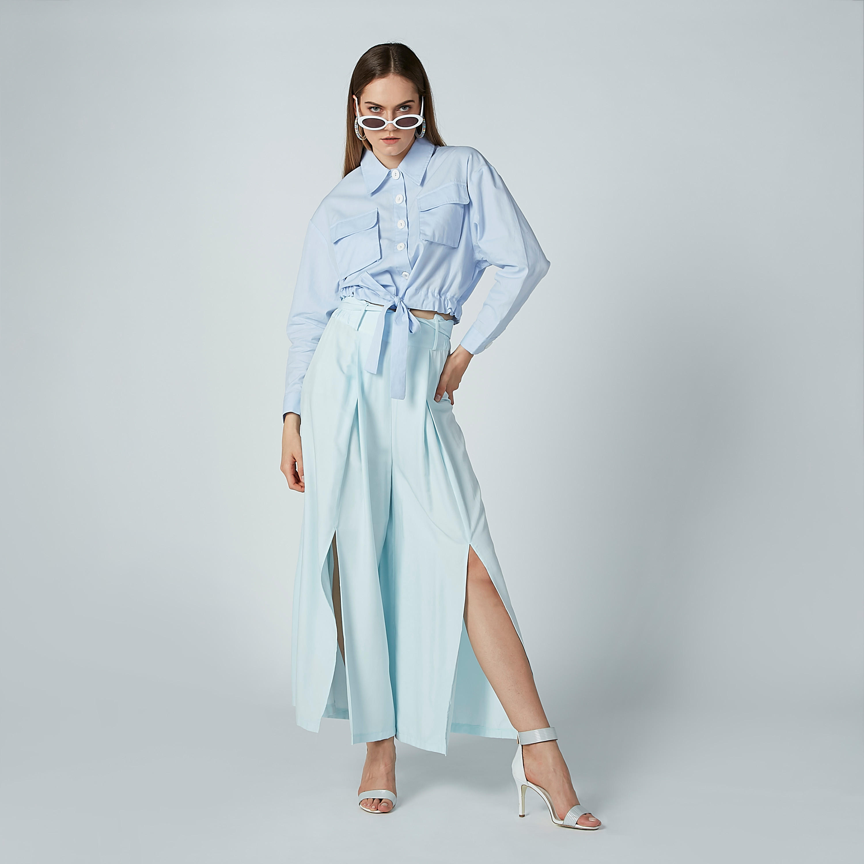 بنطال بالازو بقصّة واسعة وحزام رباط وفتحة أمامية من آيكونيك-women-clothing-bottoms-trousers-image-2