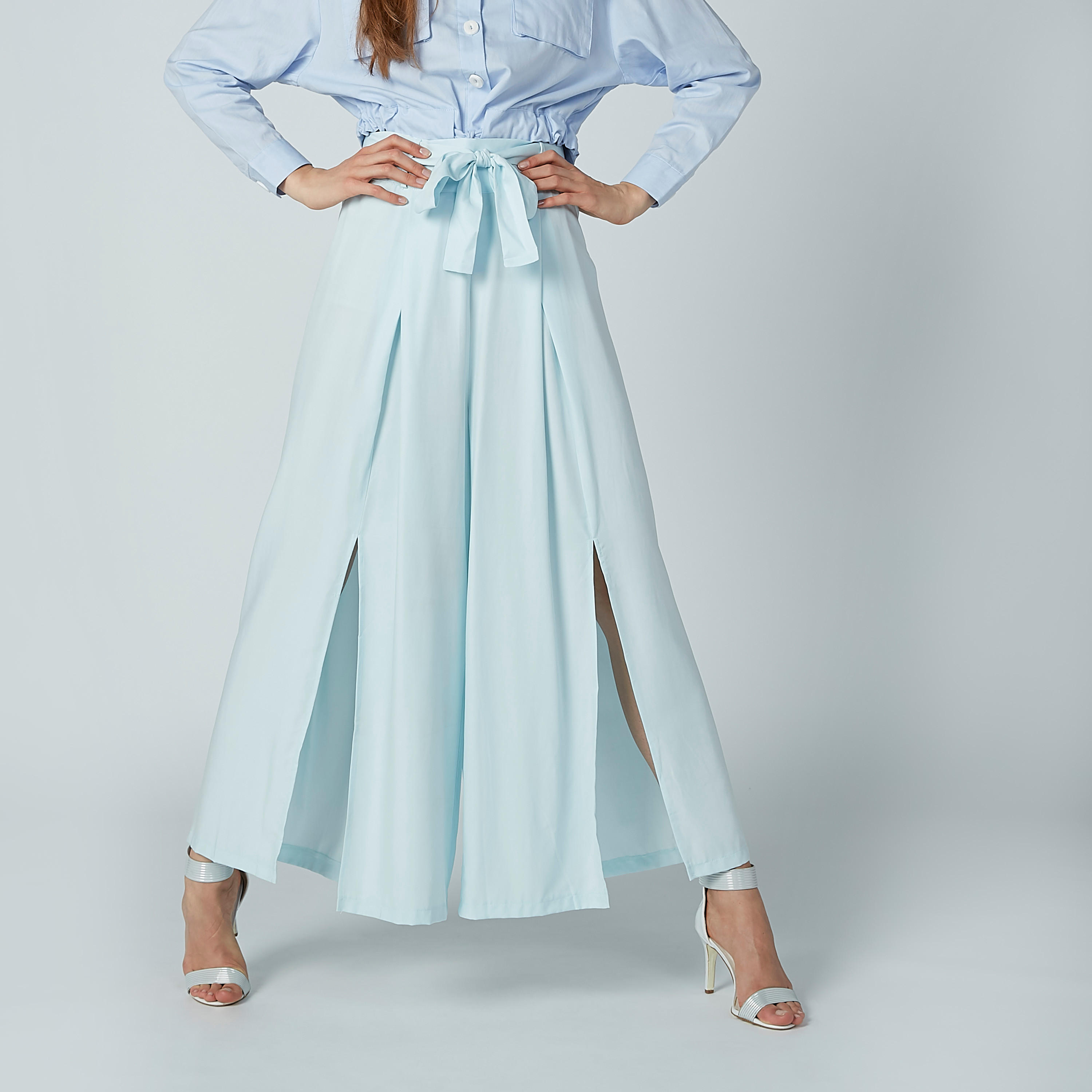 بنطال بالازو بقصّة واسعة وحزام رباط وفتحة أمامية من آيكونيك-women-clothing-bottoms-trousers-image-3
