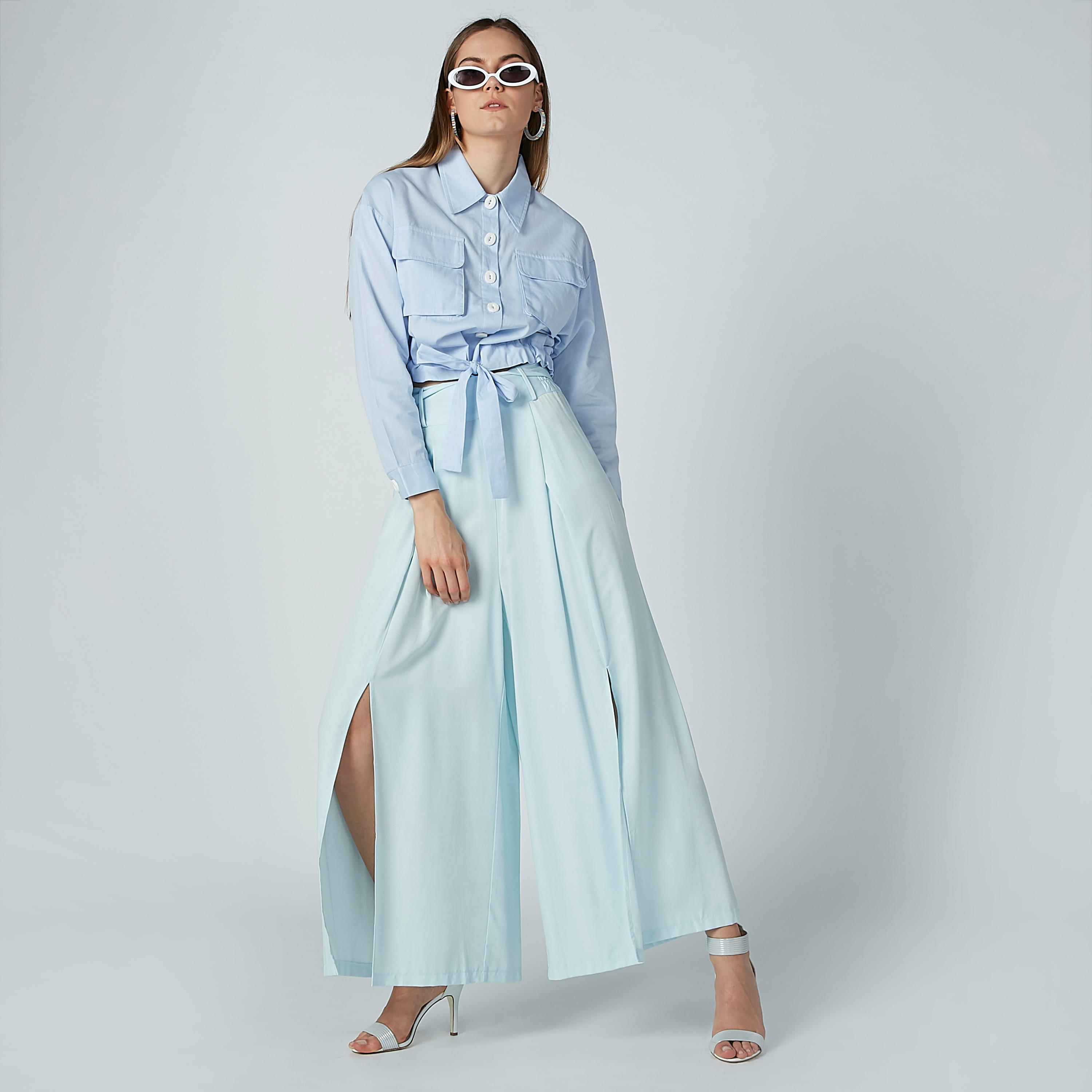 بنطال بالازو بقصّة واسعة وحزام رباط وفتحة أمامية من آيكونيك-women-clothing-bottoms-trousers-image-5