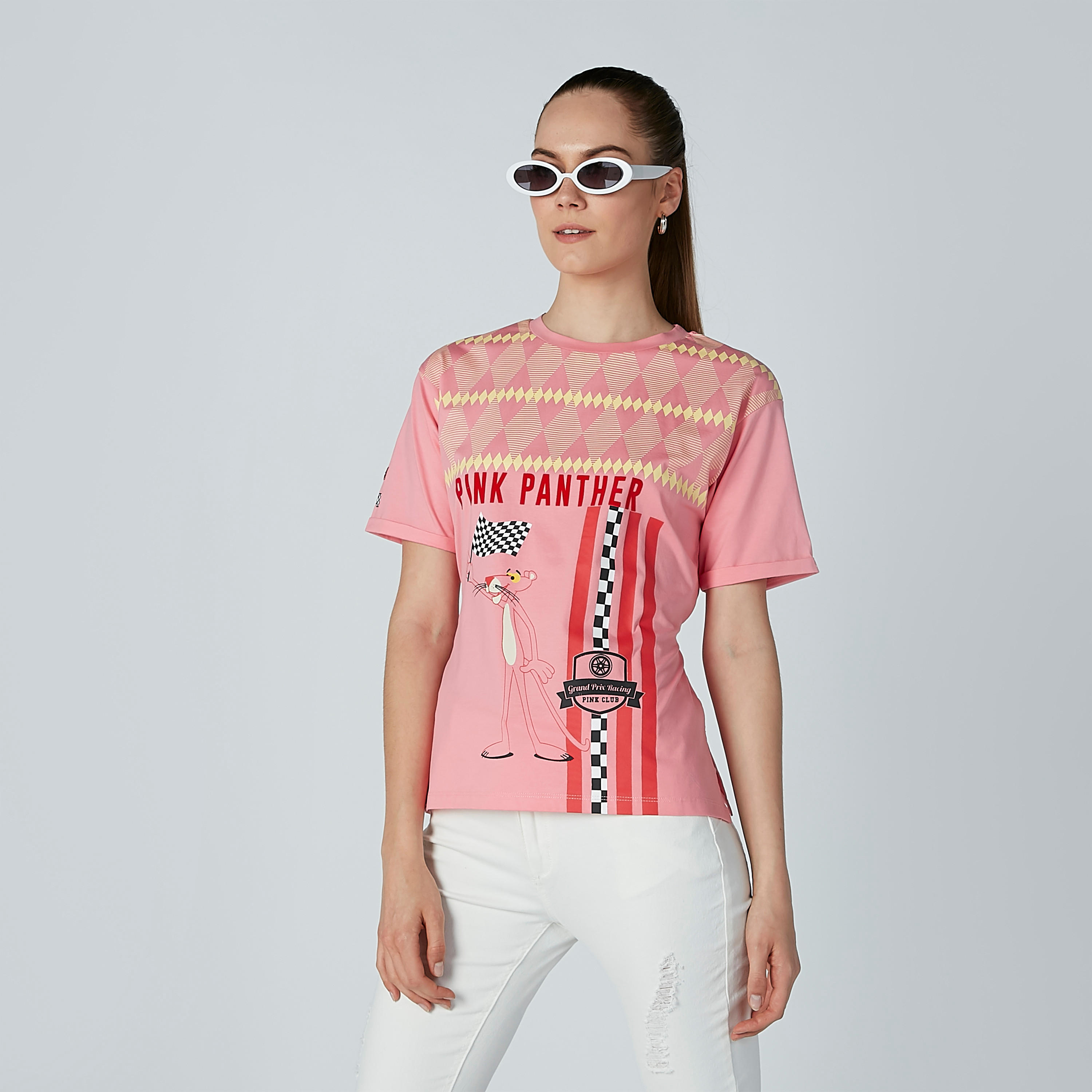 تيشيرت بياقة مستديرة وأكمام قصيرة وطبعات بينك بانثر من آيكونيك-women-clothing-tshirts-image-1