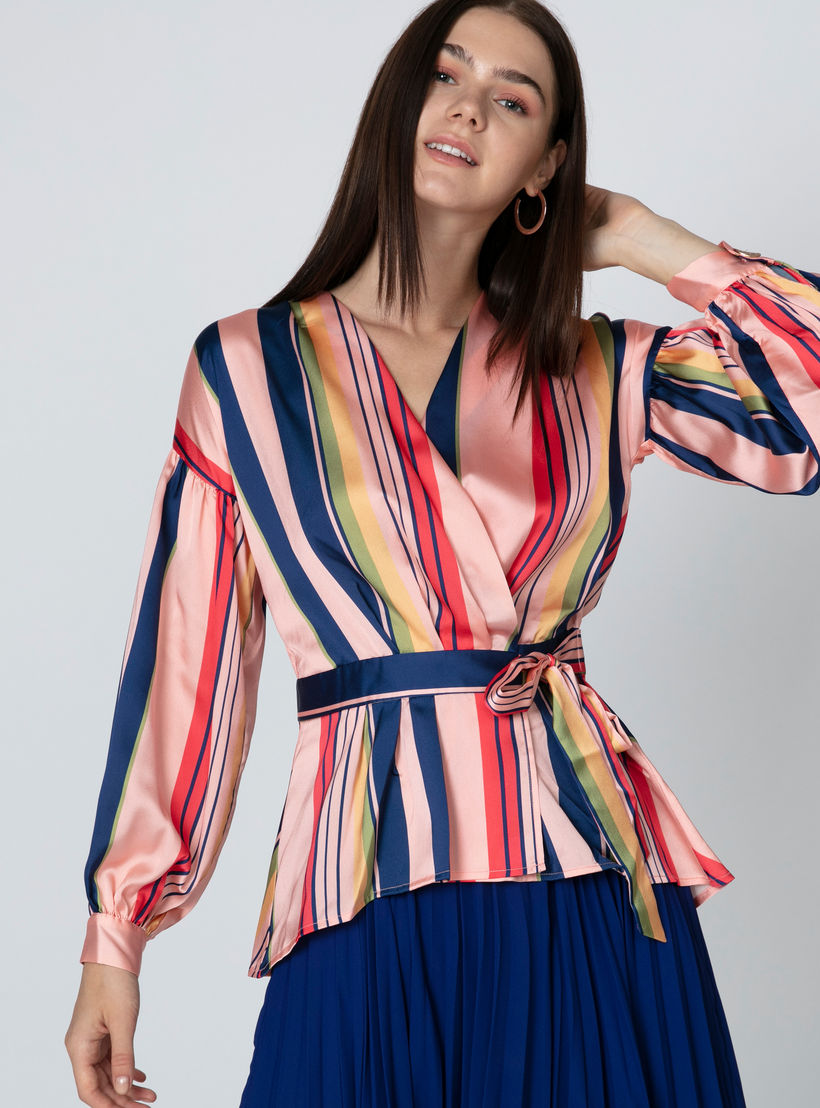 بلوزة مقلّمة بياقة V وأربطة من آيكونيك-women-clothing-shirtsandblouses-blouses-image-2