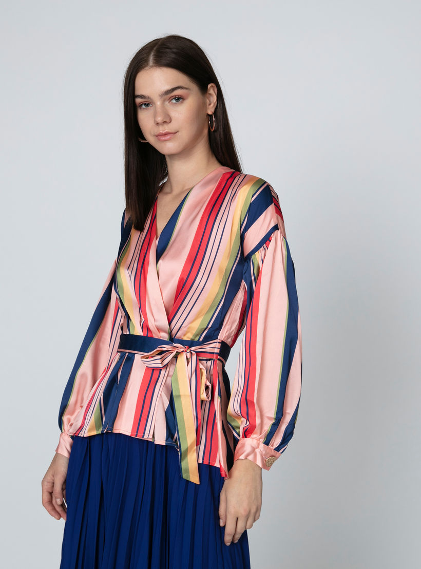 بلوزة مقلّمة بياقة V وأربطة من آيكونيك-women-clothing-shirtsandblouses-blouses-image-4