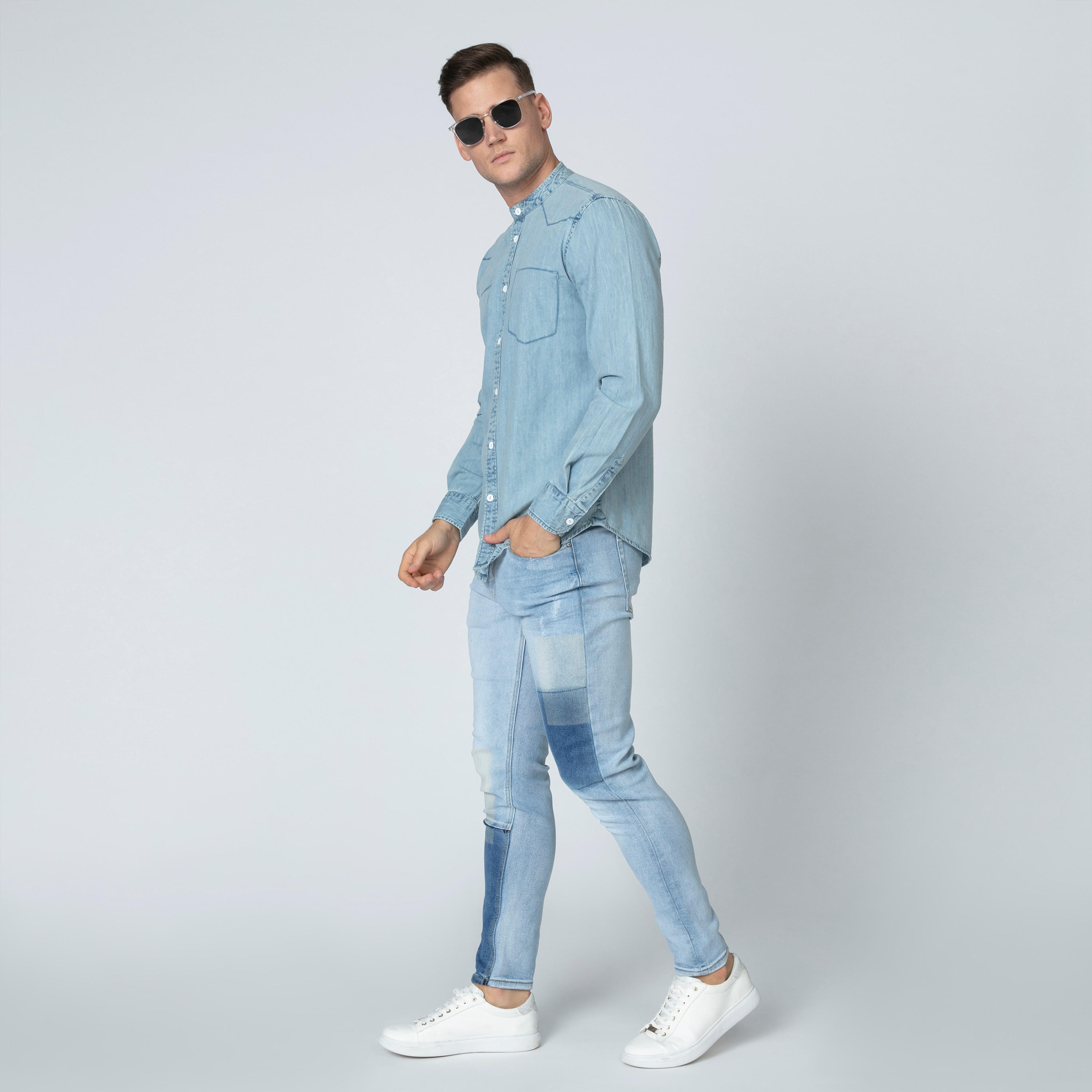 قميص دينم بياقة ماندارين وأكمام طويلة من آيكونيك-men-clothing-shirts-image-4