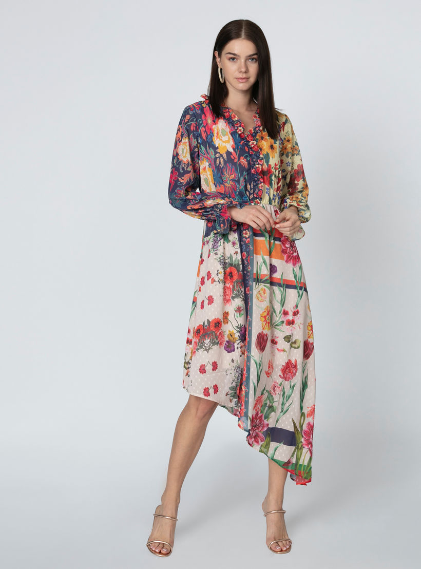 فستان متوسط الطول بحوّاف غير مستوية وطبعات زهرية من آيكونيك-women-clothing-dresses-image-4