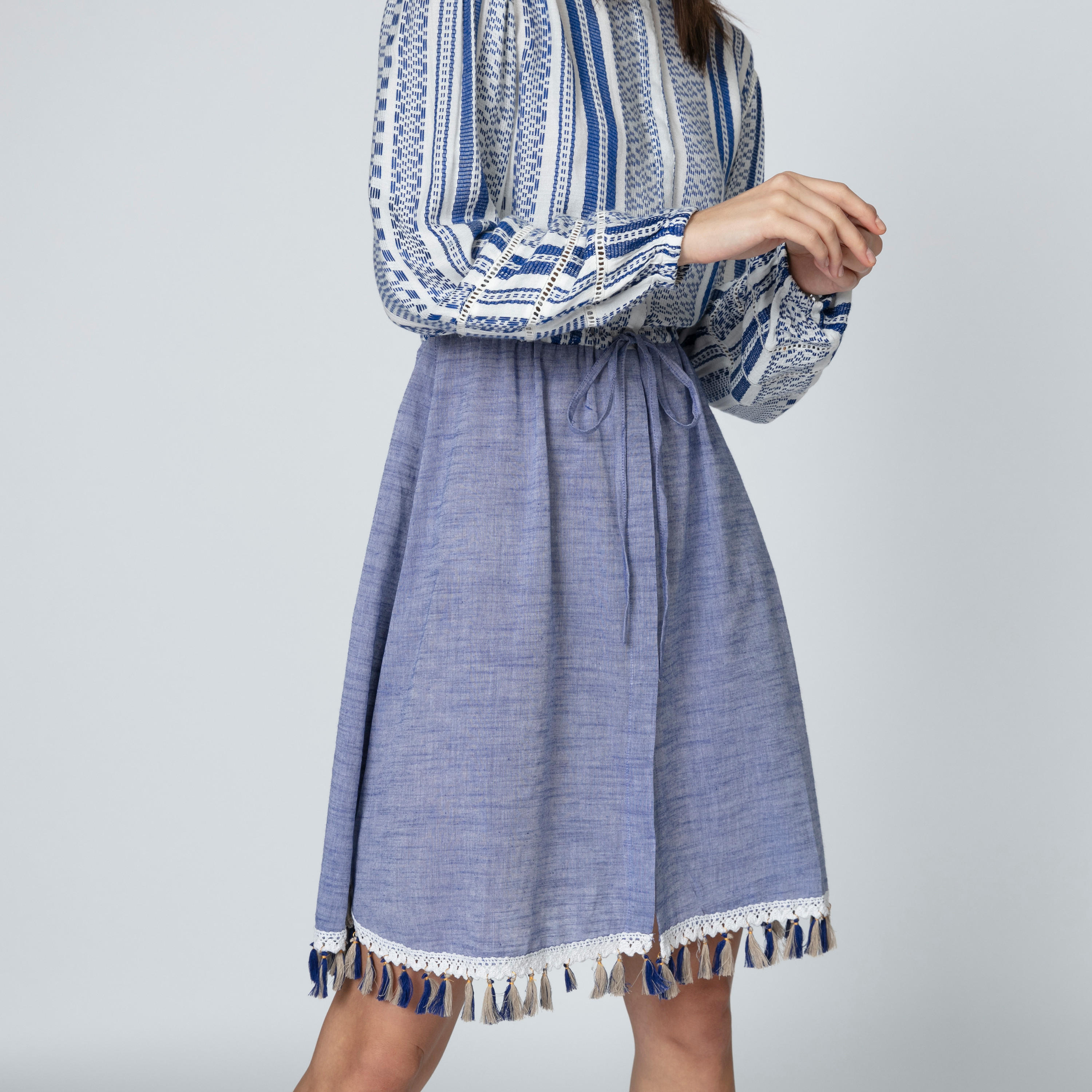 Iconic Textured Midi A-line Dress with Long Sleeves and Tassels-women-clothing-dresses-image-2