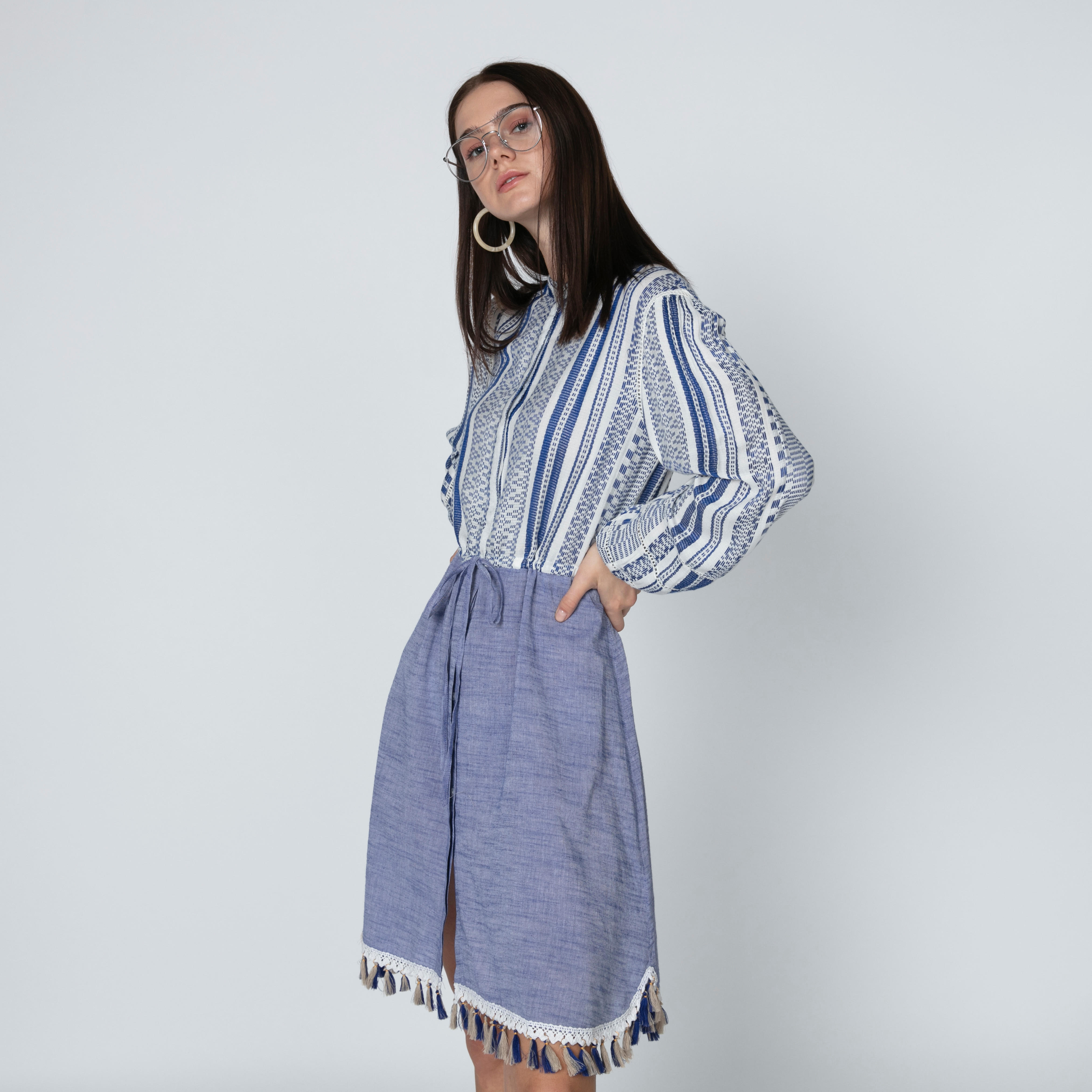 Iconic Textured Midi A-line Dress with Long Sleeves and Tassels-women-clothing-dresses-image-3