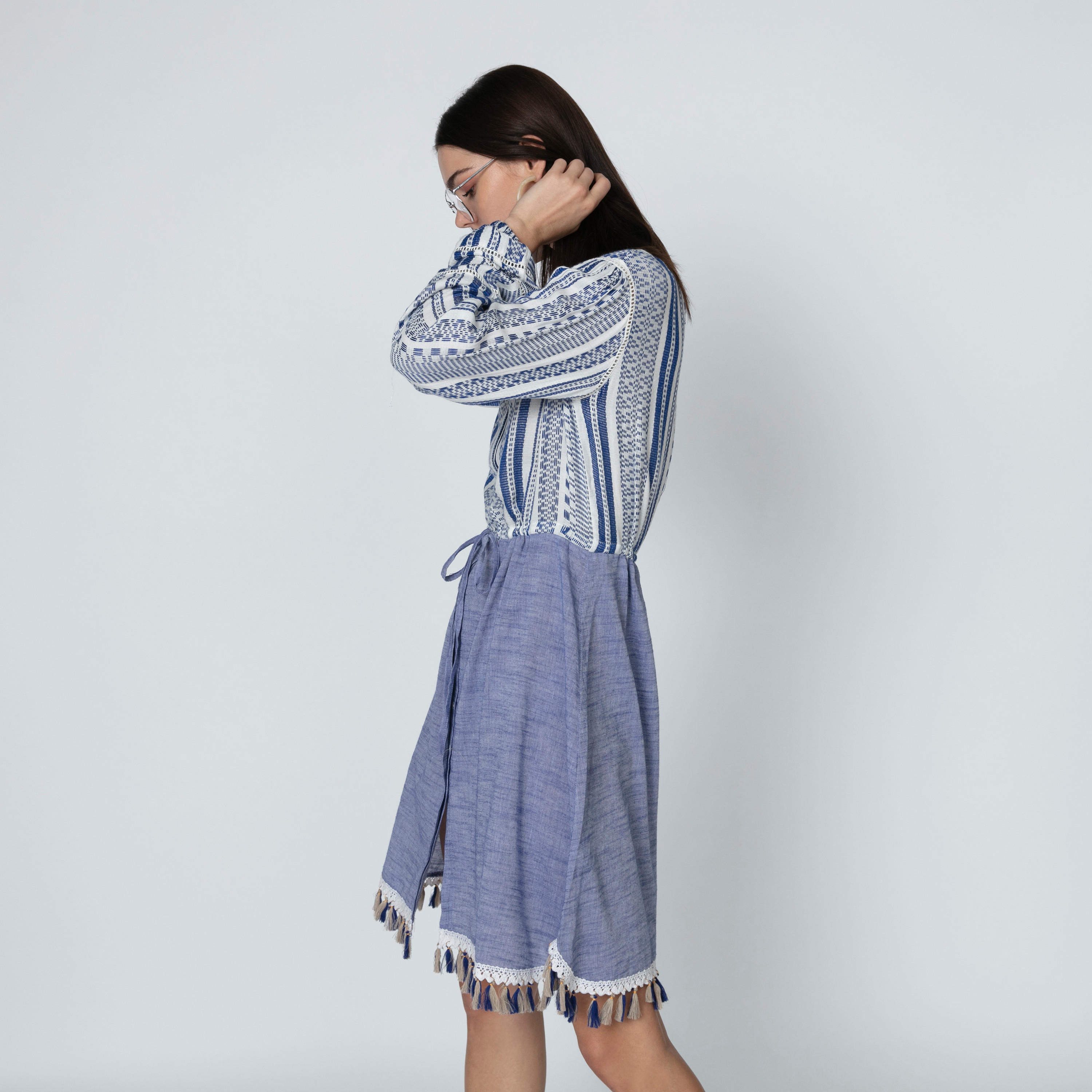 Iconic Textured Midi A-line Dress with Long Sleeves and Tassels-women-clothing-dresses-image-4