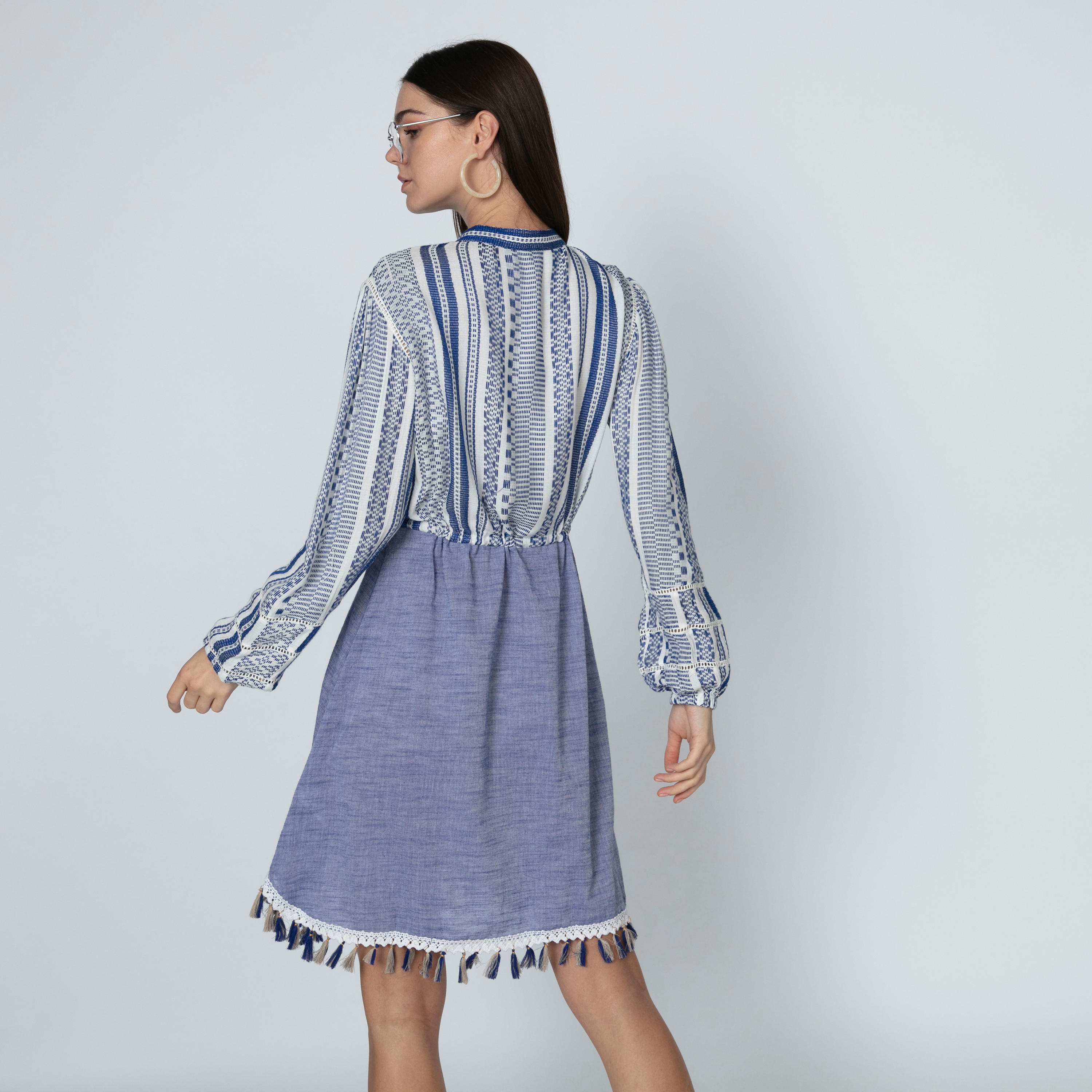 Iconic Textured Midi A-line Dress with Long Sleeves and Tassels-women-clothing-dresses-image-5