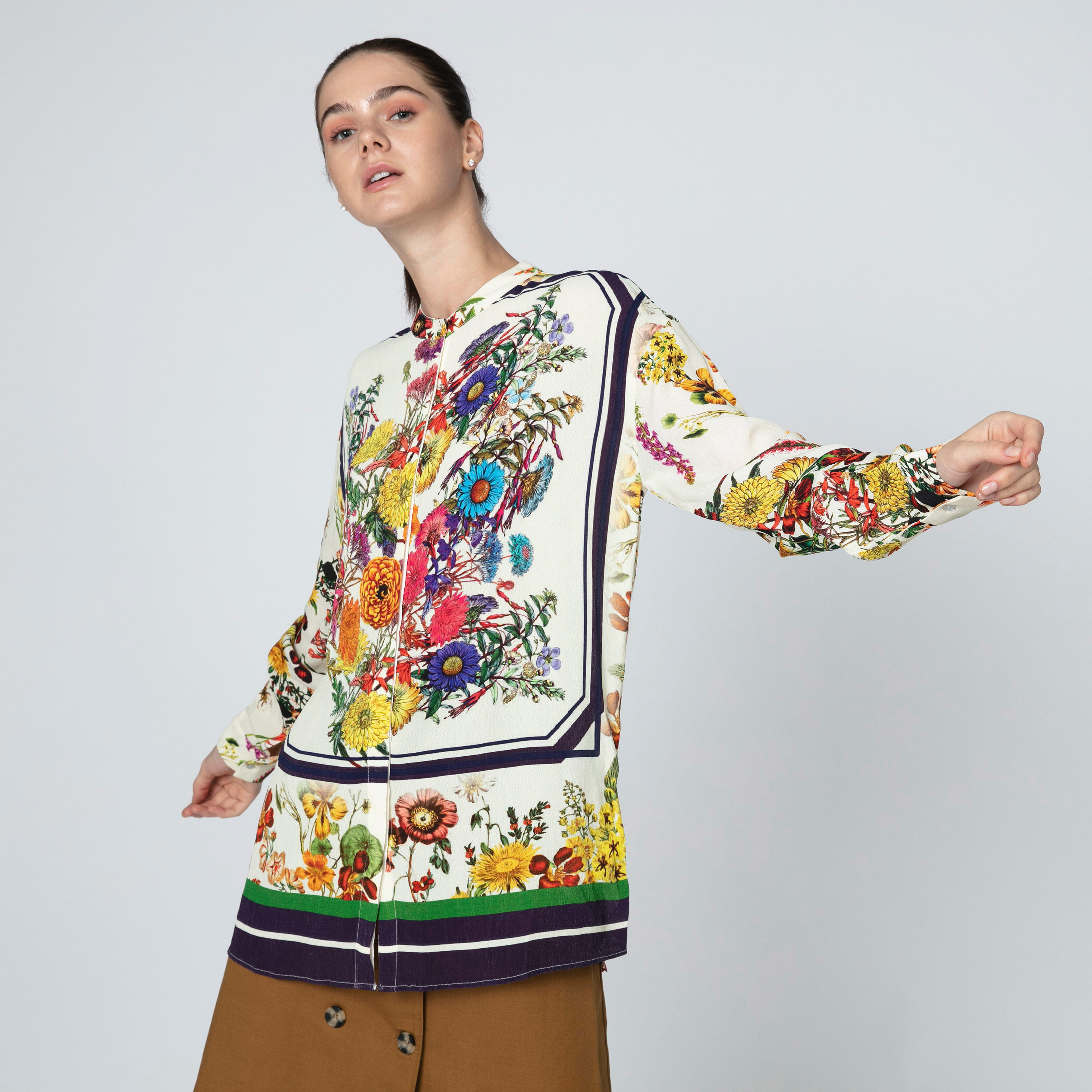 Iconic Floral Printed Top with Mandarin Collar and Long Sleeves-women-clothing-shirtsandblouses-blouses-image-1