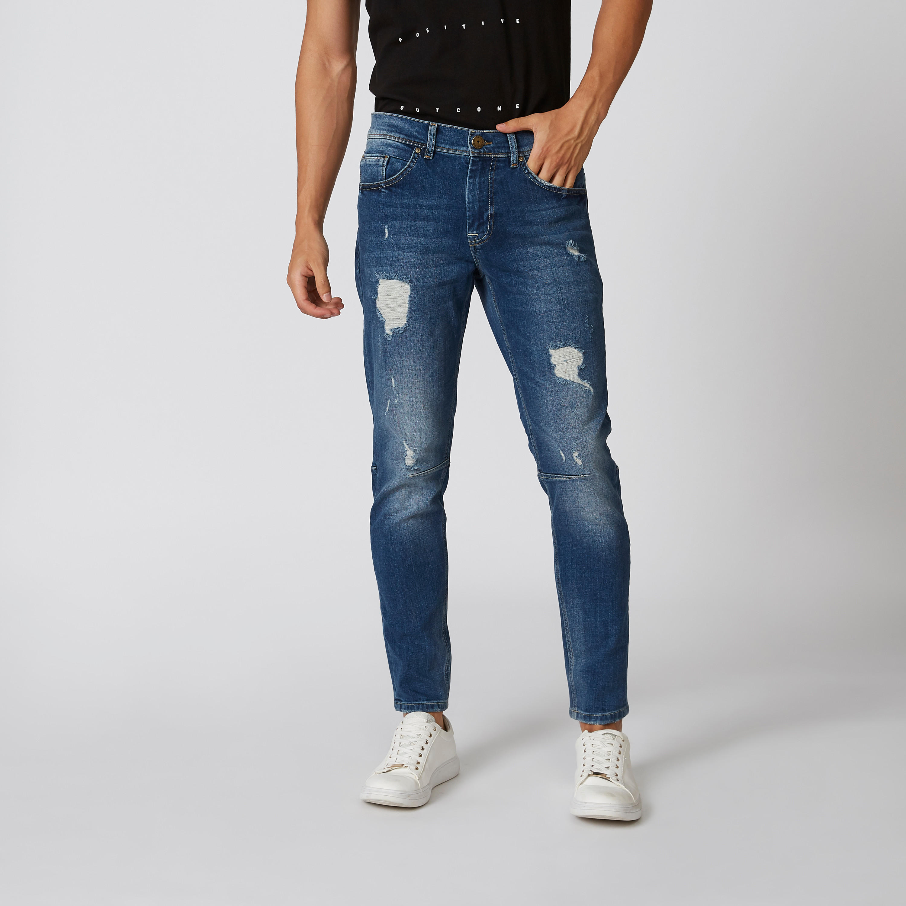 بنطلون جينز ممزّق بقصّة سليم وجيوب وحلقات للحزام من آيكونيك-men-clothing-bottoms-jeans-image-1