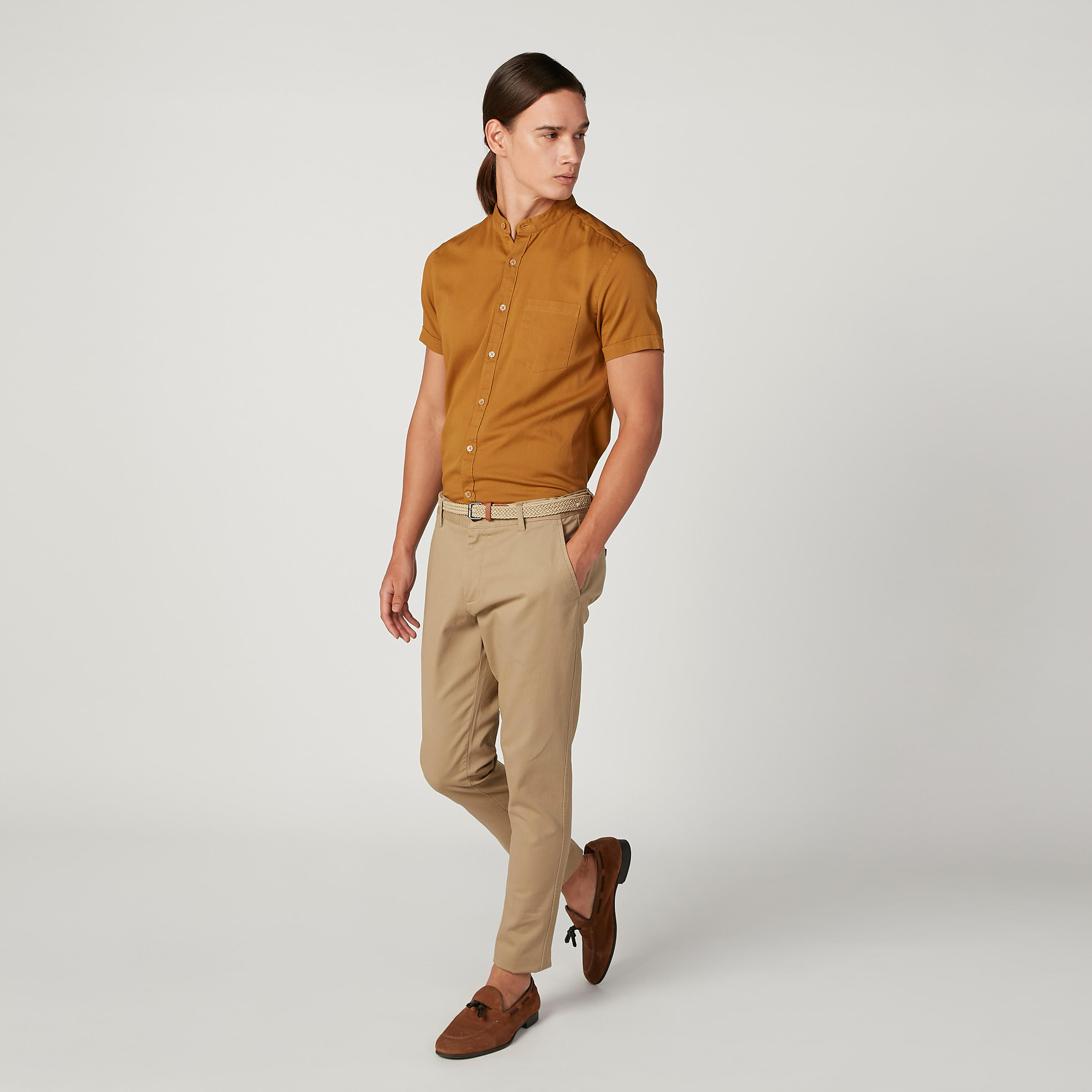 قميص سليم سادة بياقة ماندارين وأكمام قصيرة من آيكونيك-men-clothing-shirts-image-2