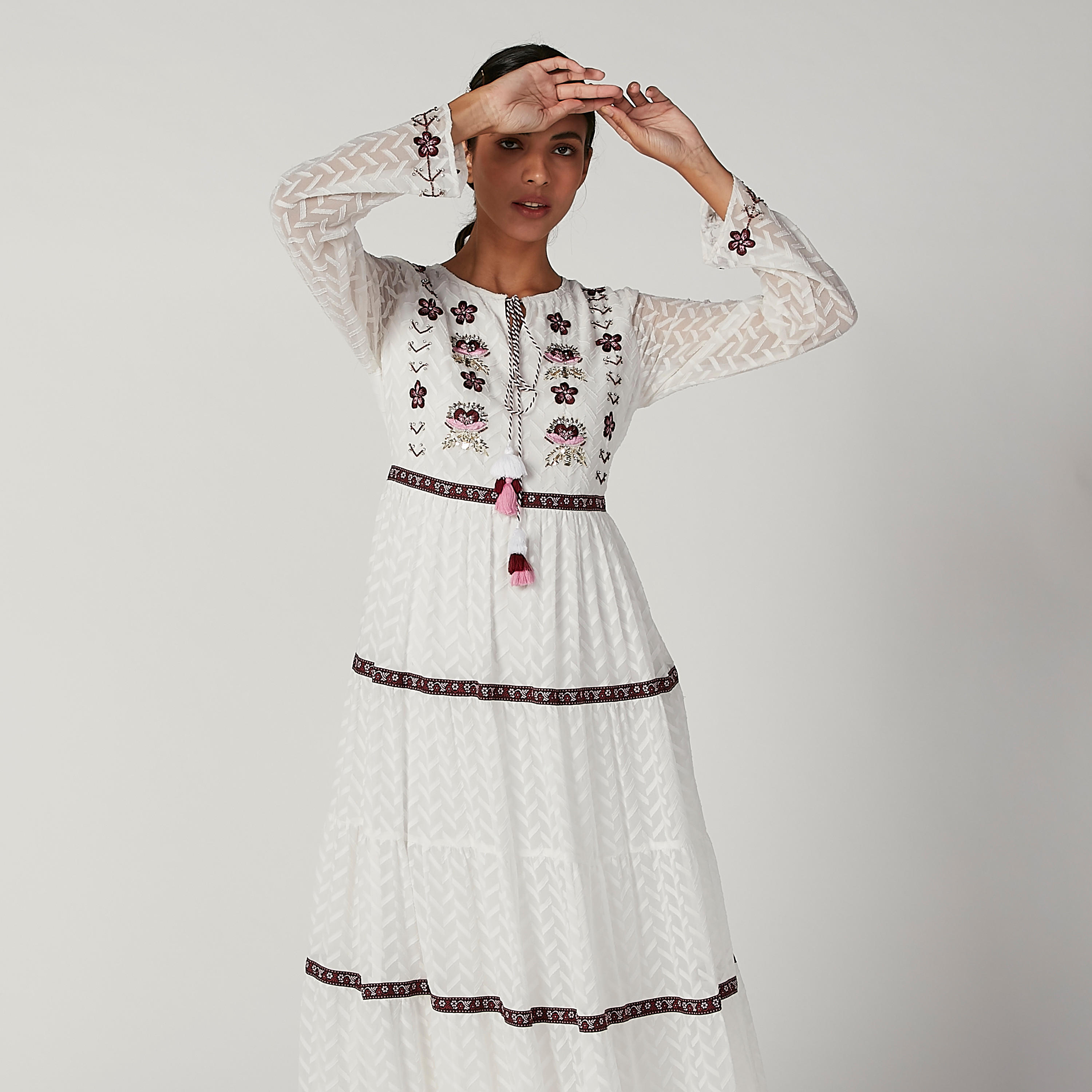 Iconic Embroidered Maxi A-line Dress with Long Sleeves and Tie Ups-women-clothing-dresses-image-2