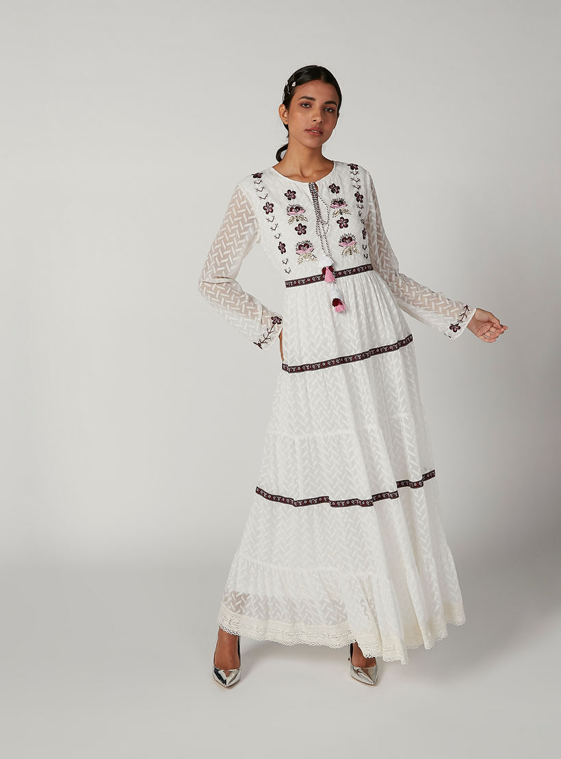 Iconic Embroidered Maxi A-line Dress with Long Sleeves and Tie Ups-women-clothing-dresses-image-3
