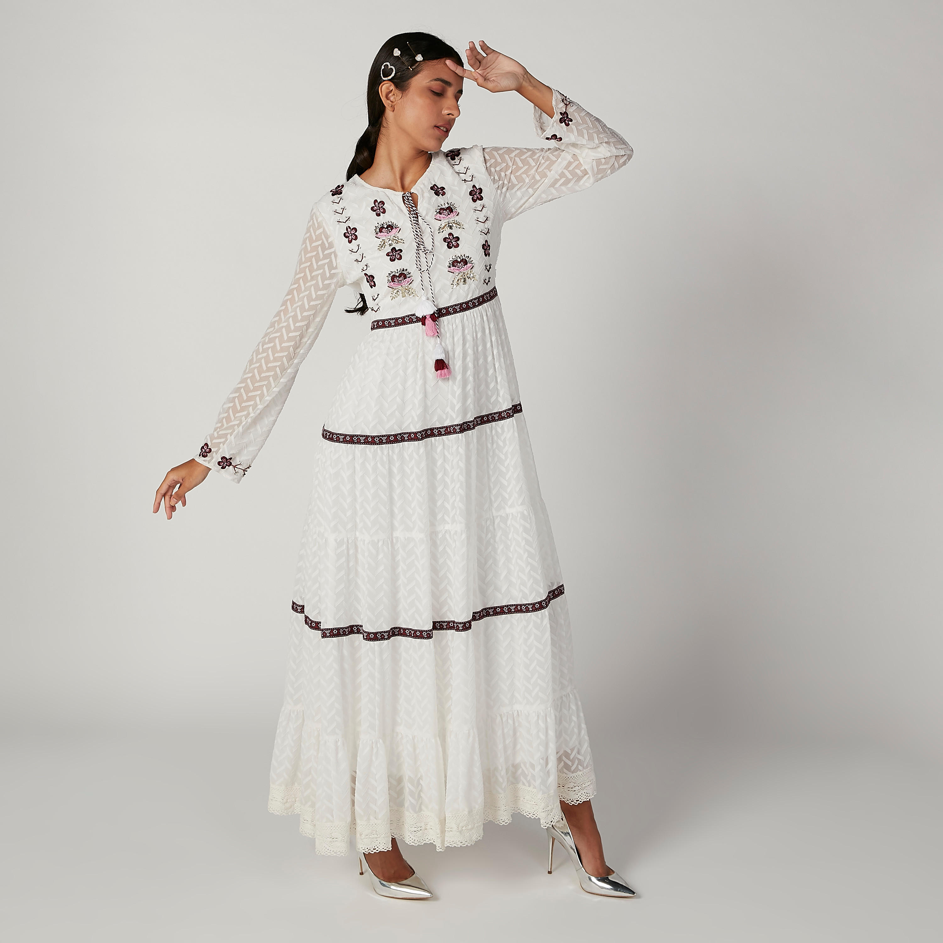 Iconic Embroidered Maxi A-line Dress with Long Sleeves and Tie Ups-women-clothing-dresses-image-5