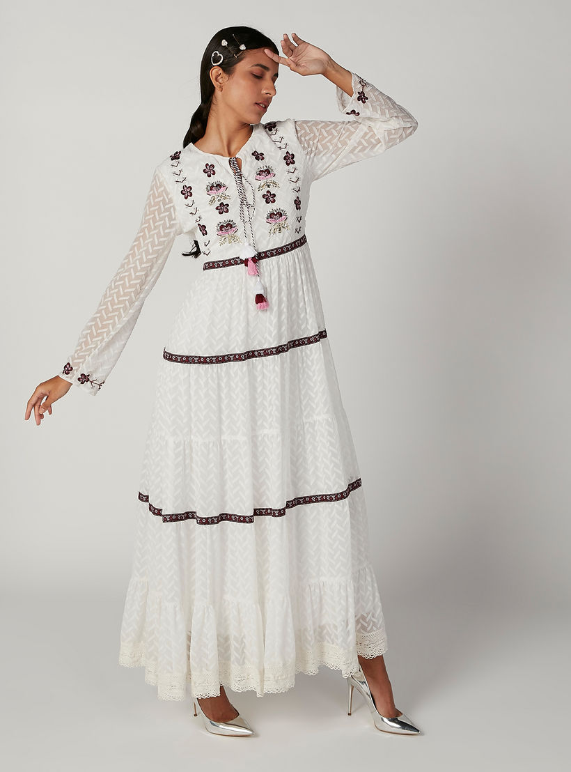 Iconic Embroidered Maxi A-line Dress with Long Sleeves and Tie Ups-women-clothing-dresses-image-5