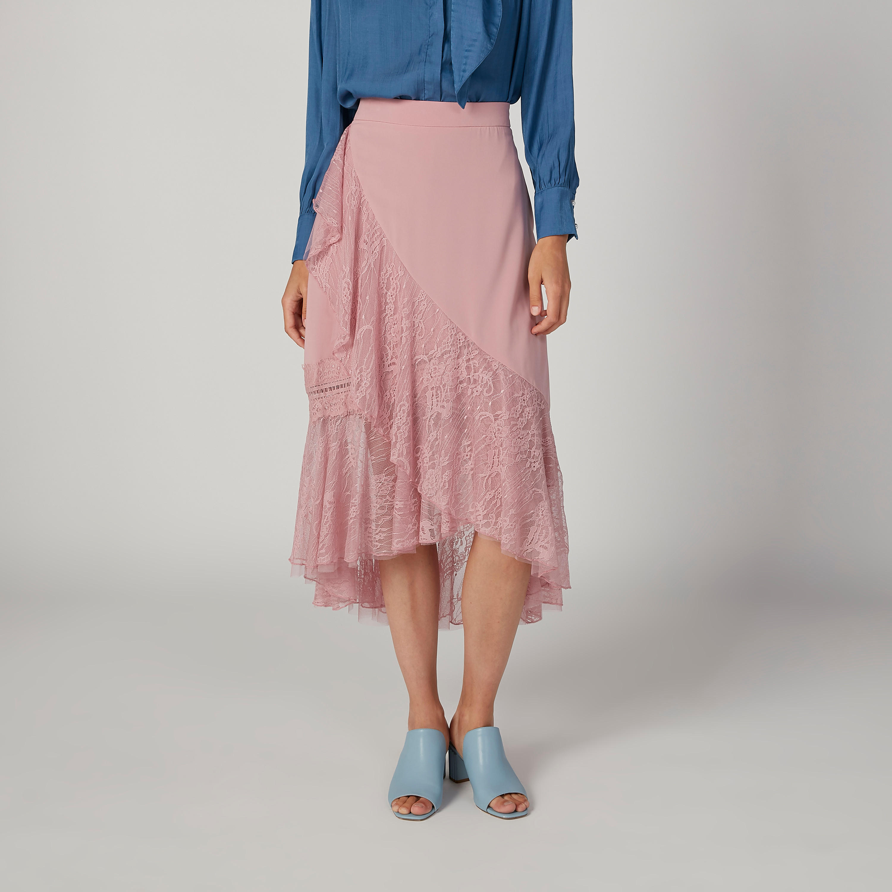 تنورة دانتيل ميدي بخصر مطّاطي وحواف غير مستوية من آيكونيك-women-clothing-bottoms-skirts-image-1