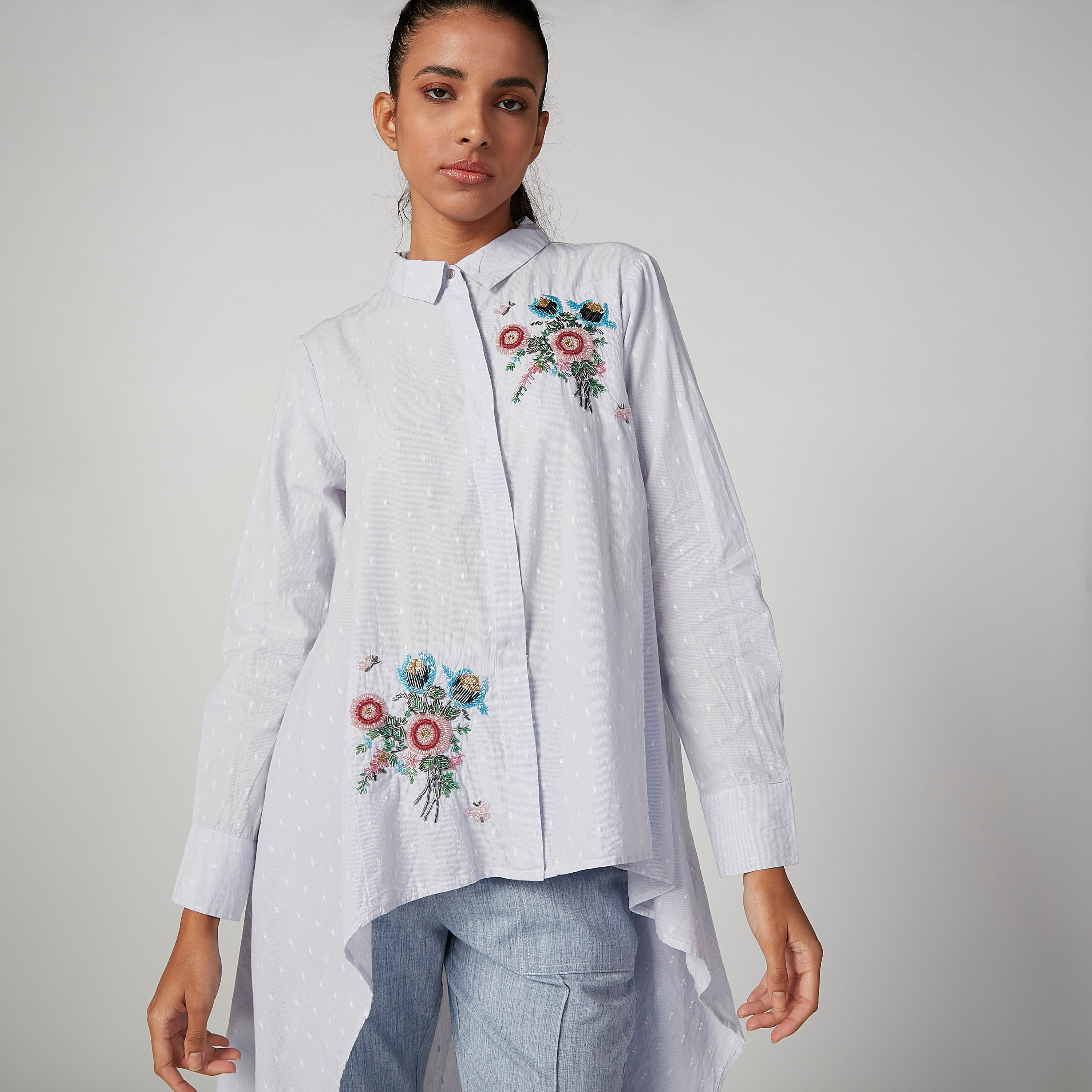 Iconic Wide Fit Embroidered Shirt with Long Sleeves and High Low Hem-women-clothing-shirtsandblouses-shirts-image-2