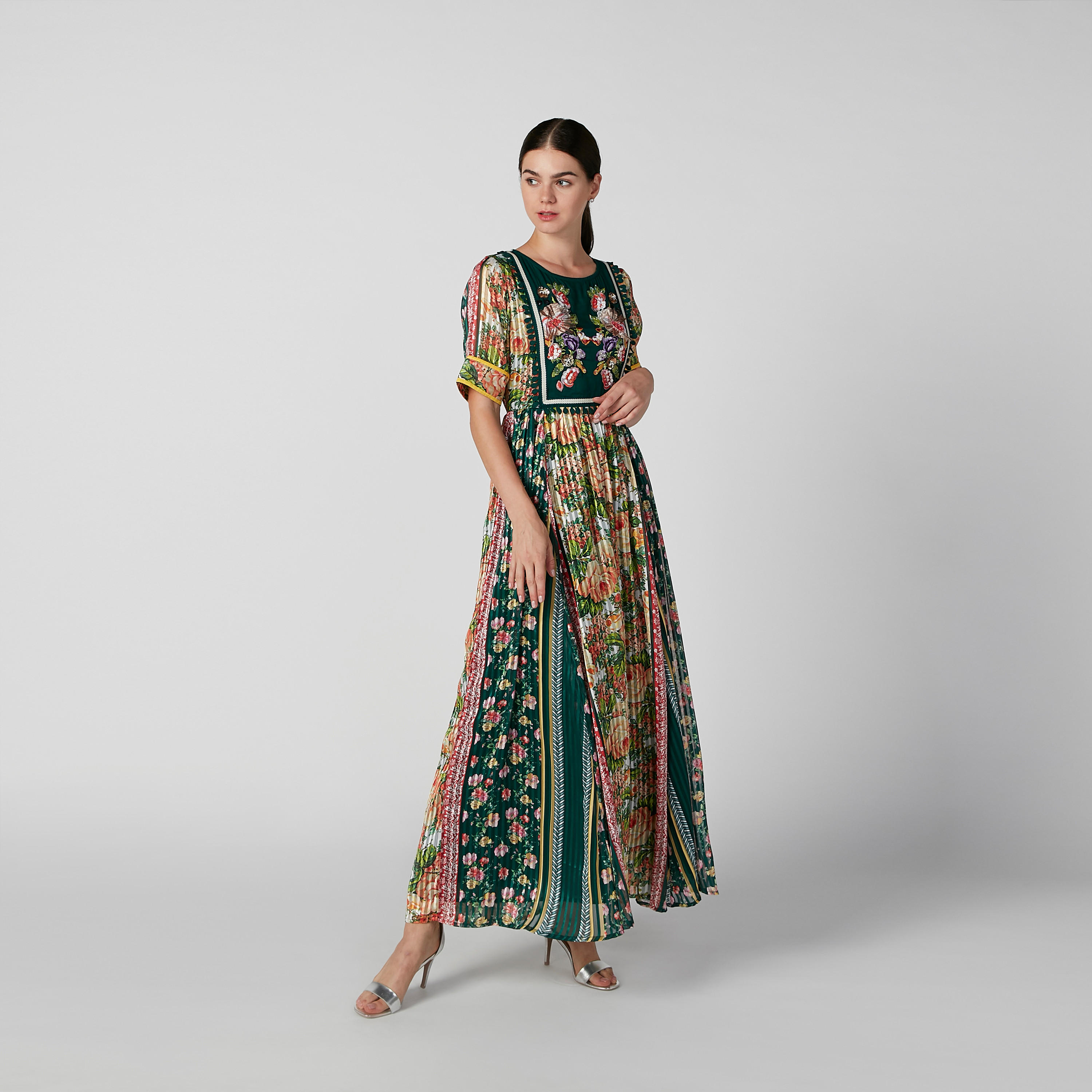 فستان طويل إيه لاين بياقة مستديرة وأكمام قصيرة وطبعات من آيكونيك-women-clothing-dresses-image-2