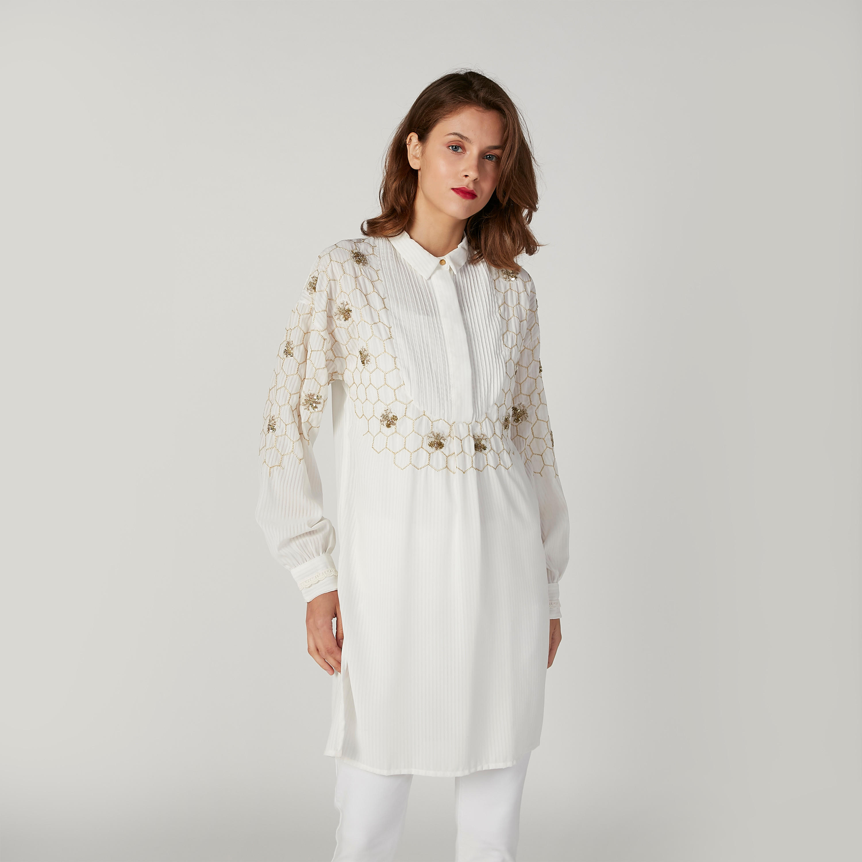 تونيك مزيّن بأكمام طويلة وياقة عاديّة من آيكونيك-women-clothing-shirtsandblouses-blouses-image-1