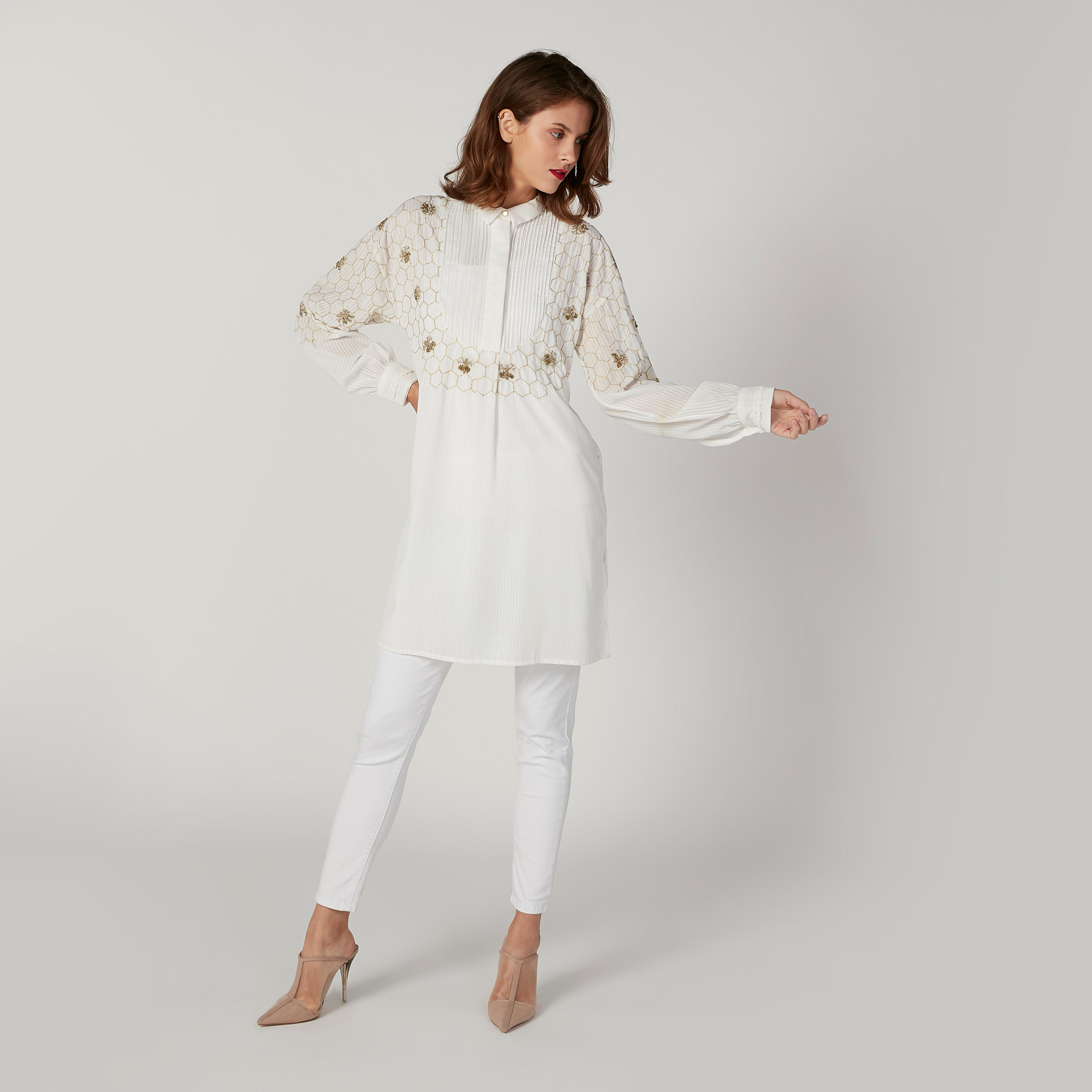 تونيك مزيّن بأكمام طويلة وياقة عاديّة من آيكونيك-women-clothing-shirtsandblouses-blouses-image-5