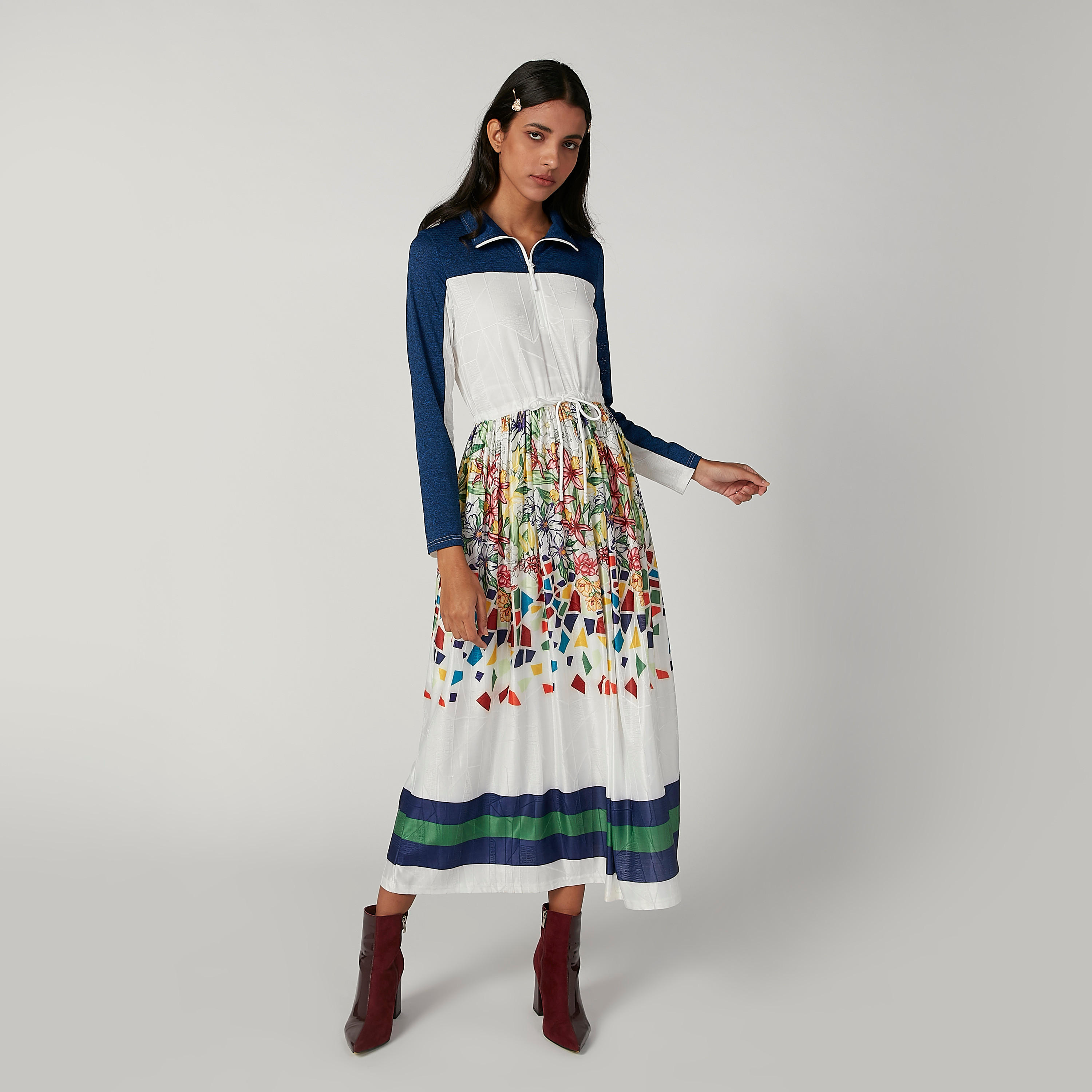 فستان ميدي إيه لاين بطبعات وأكمام طويلة وسحّاب إغلاق من آيكونيك-women-clothing-dresses-image-1
