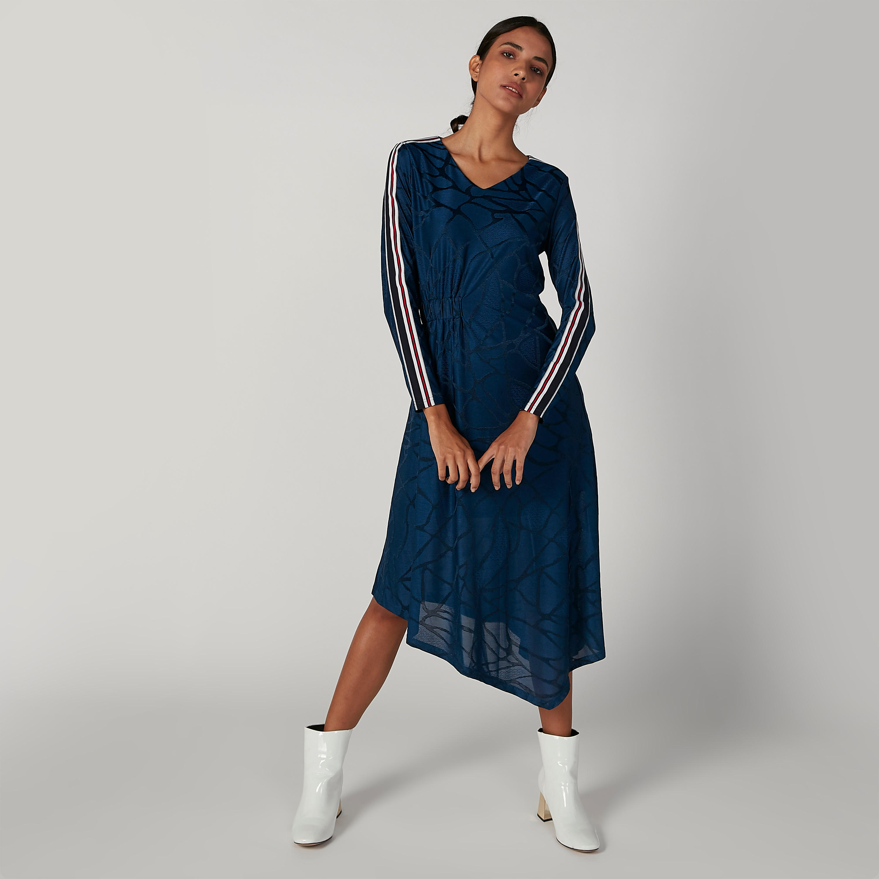 Iconic Asymmetric Printed Midi Dress with Long Sleeves and Tape Detail-women-clothing-dresses-image-1