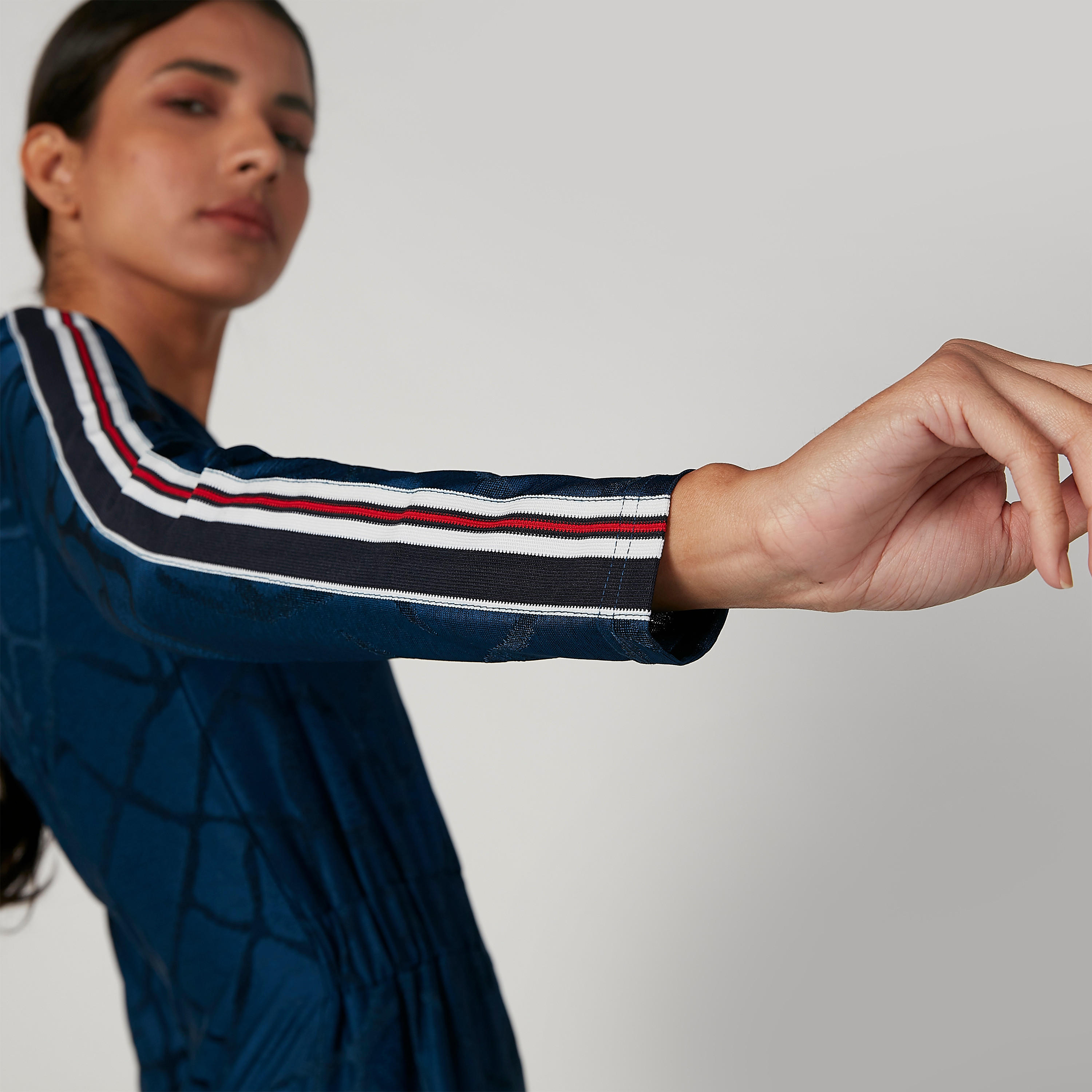 Iconic Asymmetric Printed Midi Dress with Long Sleeves and Tape Detail-women-clothing-dresses-image-2