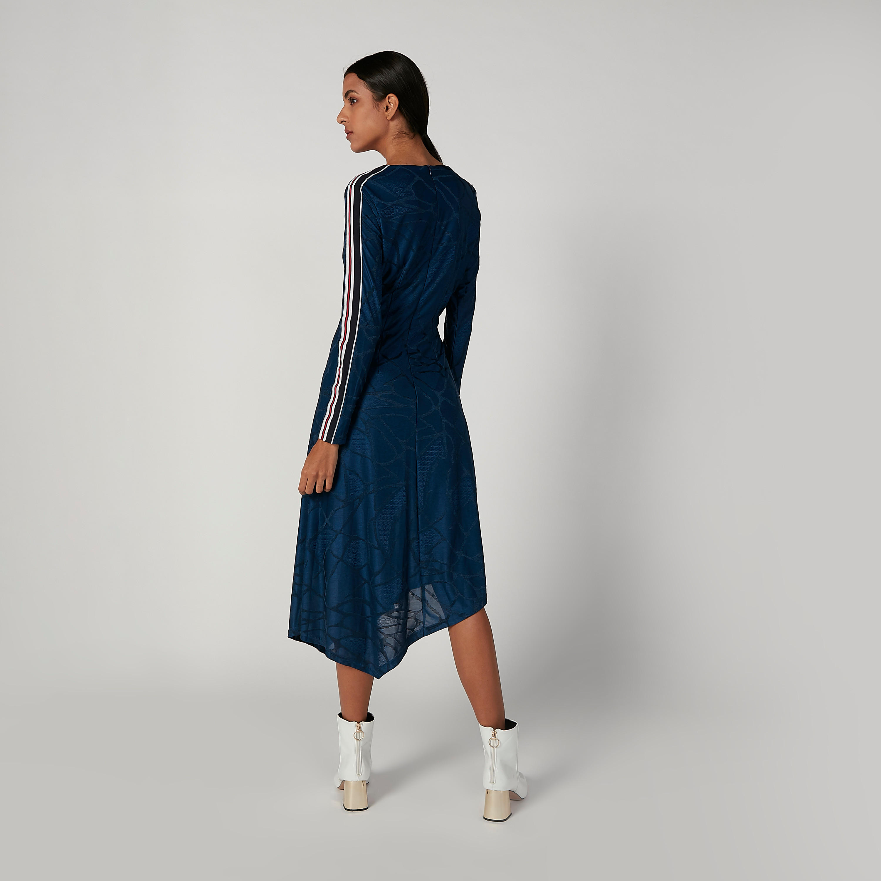 Iconic Asymmetric Printed Midi Dress with Long Sleeves and Tape Detail-women-clothing-dresses-image-3
