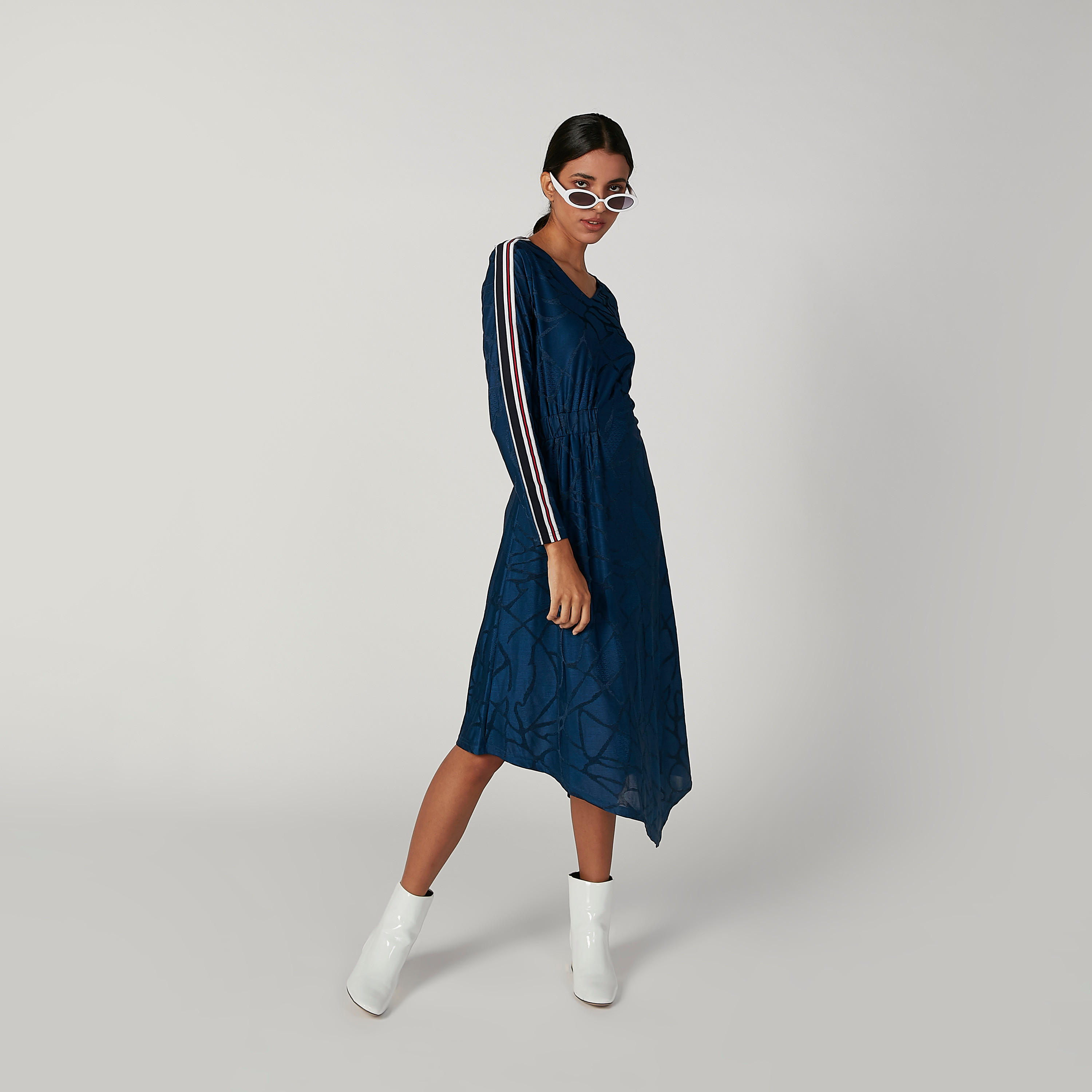 Iconic Asymmetric Printed Midi Dress with Long Sleeves and Tape Detail-women-clothing-dresses-image-5