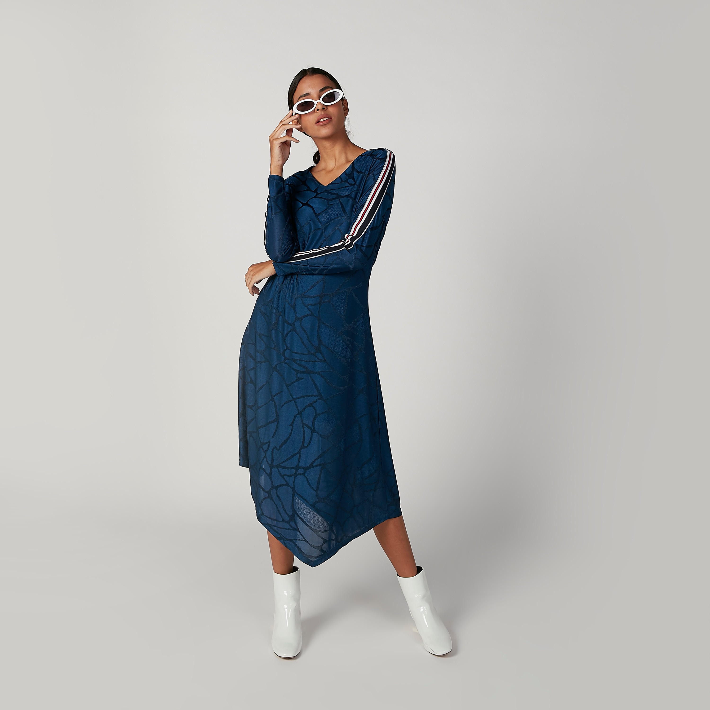 Iconic Asymmetric Printed Midi Dress with Long Sleeves and Tape Detail-women-clothing-dresses-image-6