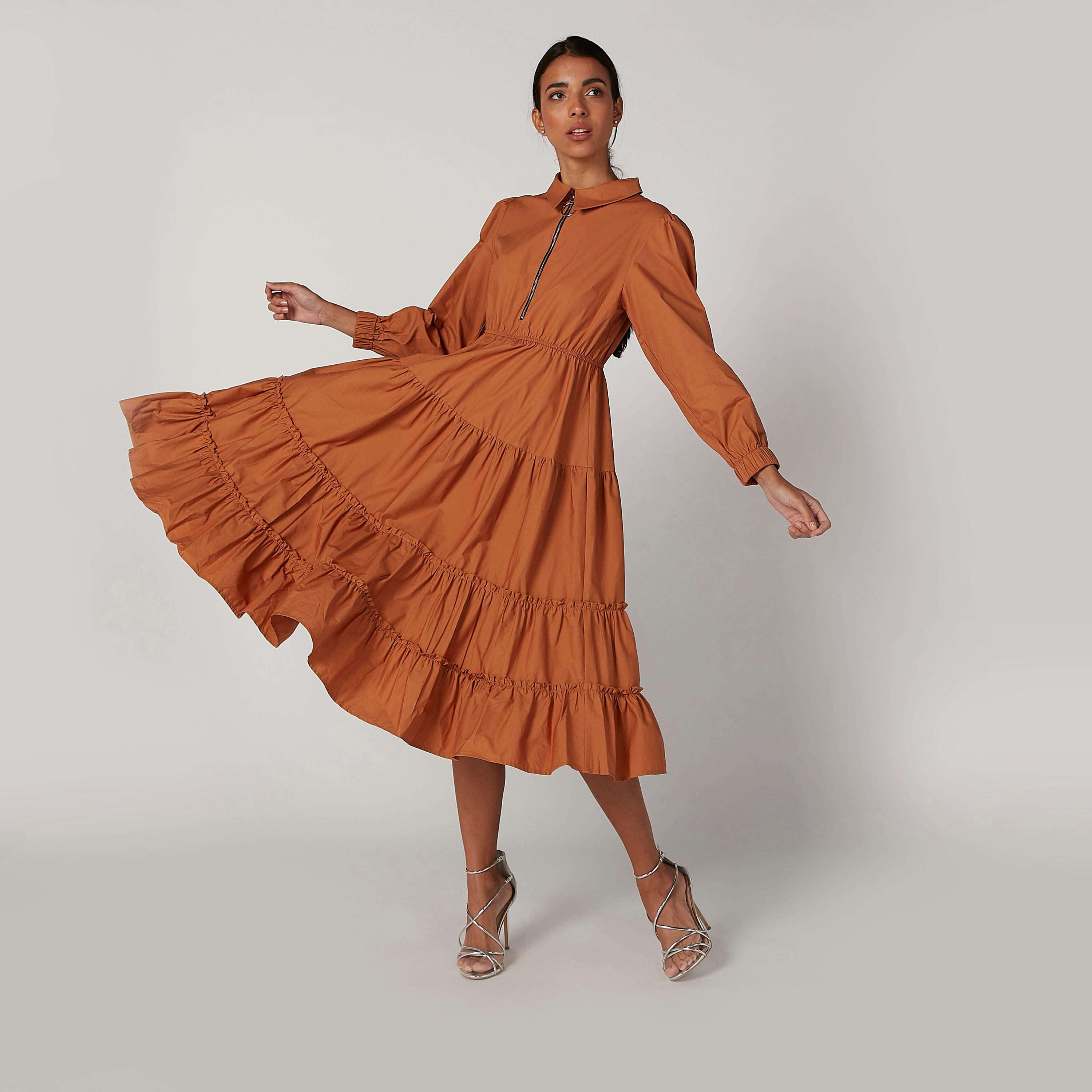 فستان ميدي إيه لاين سادة بأكمام طويلة وسحّاب من آيكونيك-women-clothing-dresses-image-1