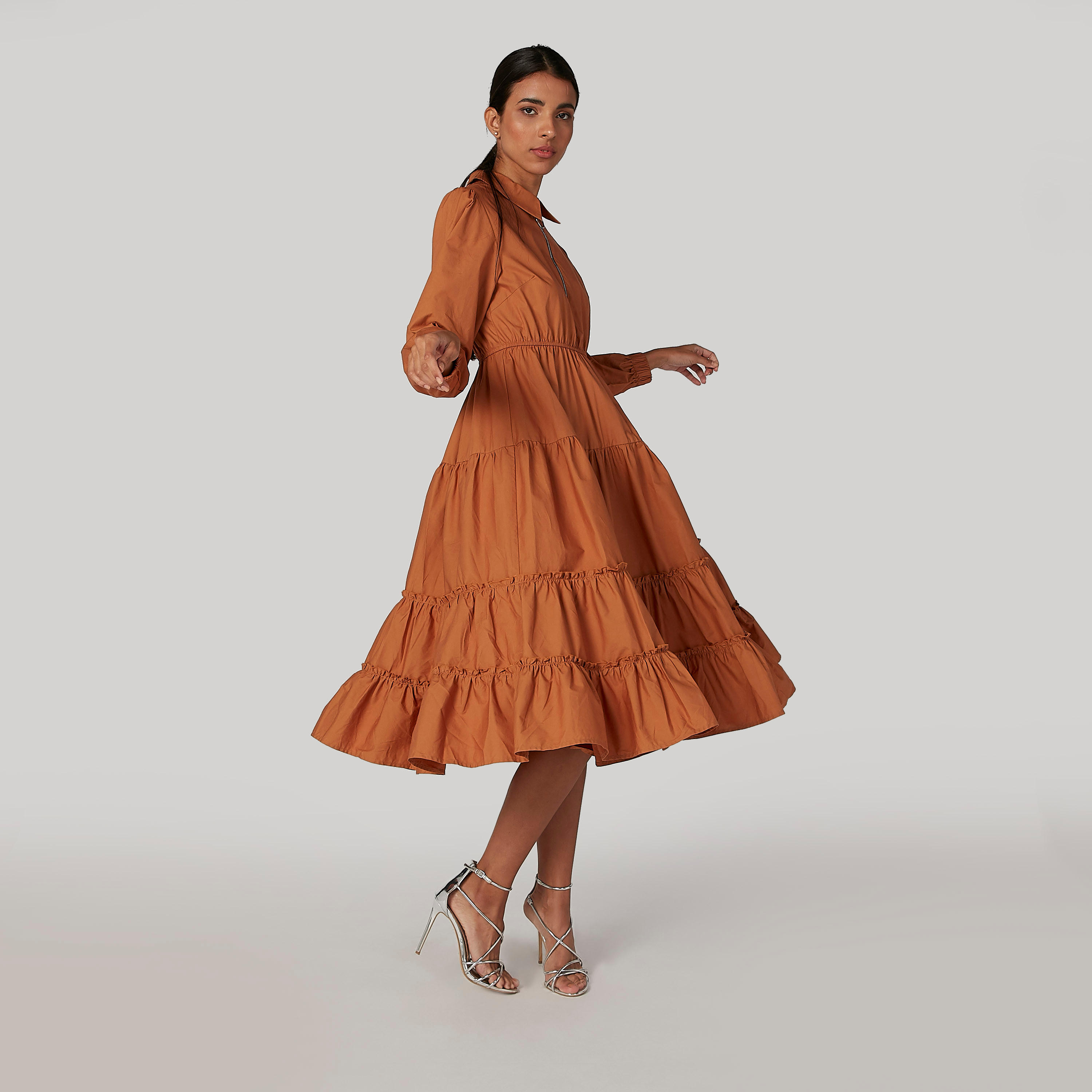 فستان ميدي إيه لاين سادة بأكمام طويلة وسحّاب من آيكونيك-women-clothing-dresses-image-4