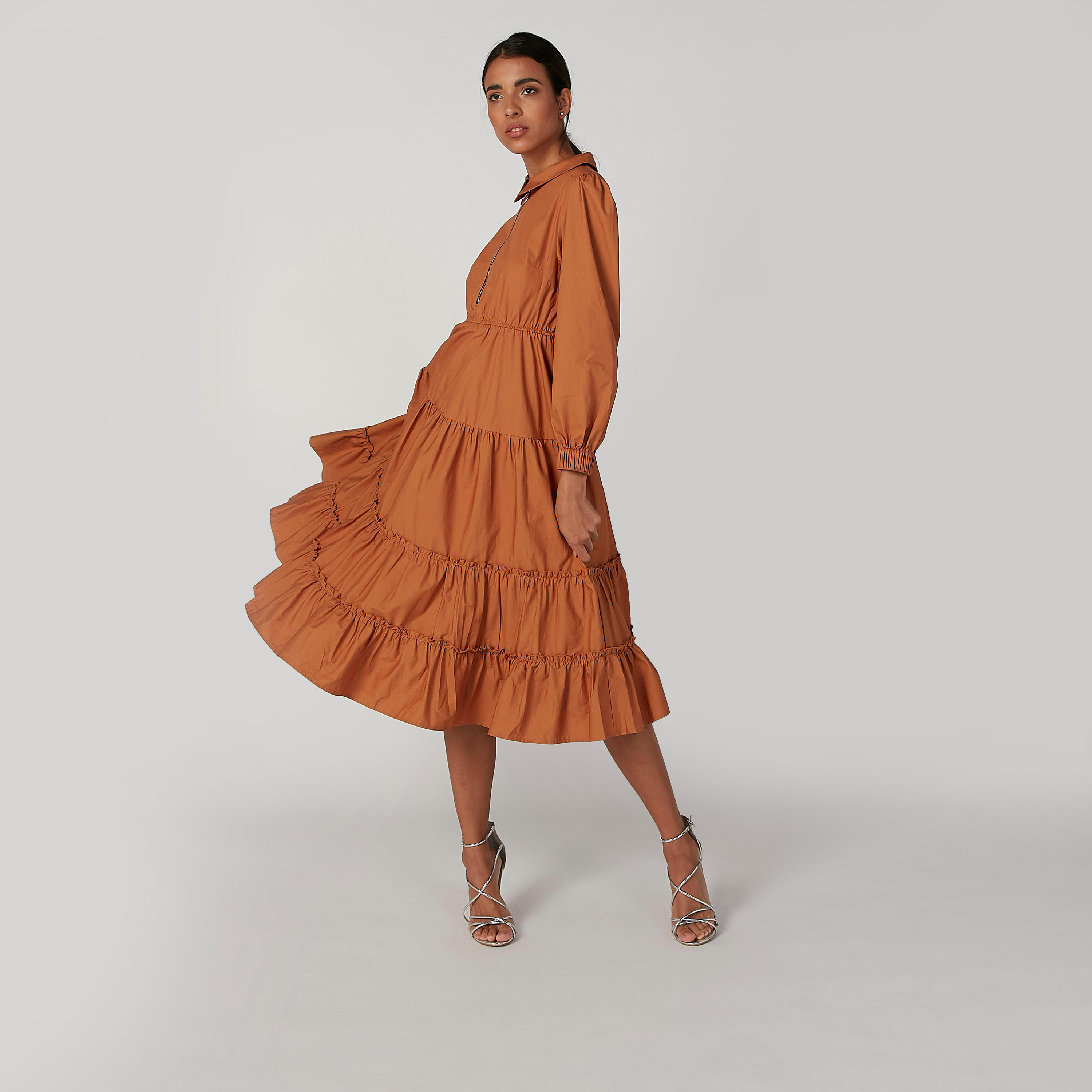 فستان ميدي إيه لاين سادة بأكمام طويلة وسحّاب من آيكونيك-women-clothing-dresses-image-5