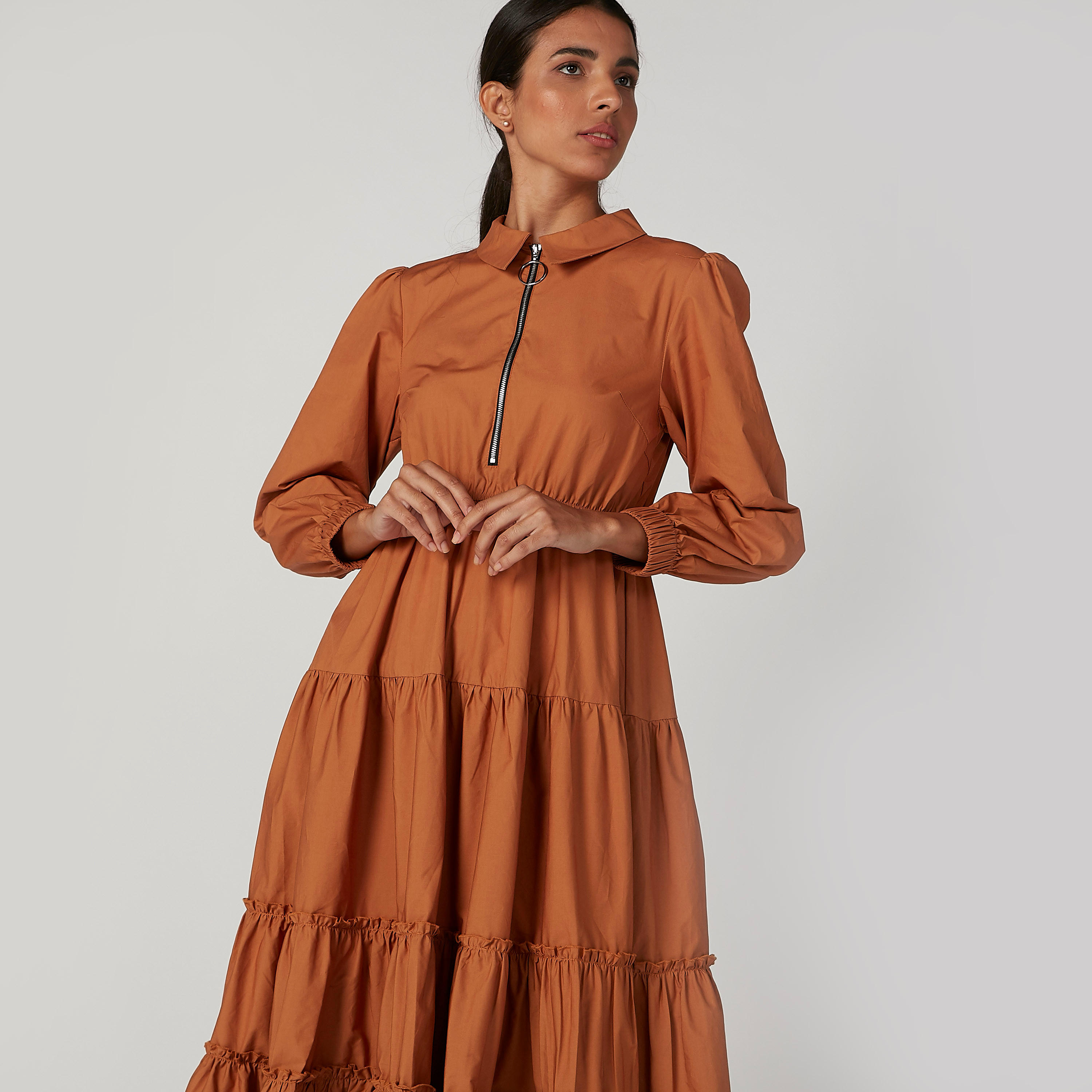 فستان ميدي إيه لاين سادة بأكمام طويلة وسحّاب من آيكونيك-women-clothing-dresses-image-6